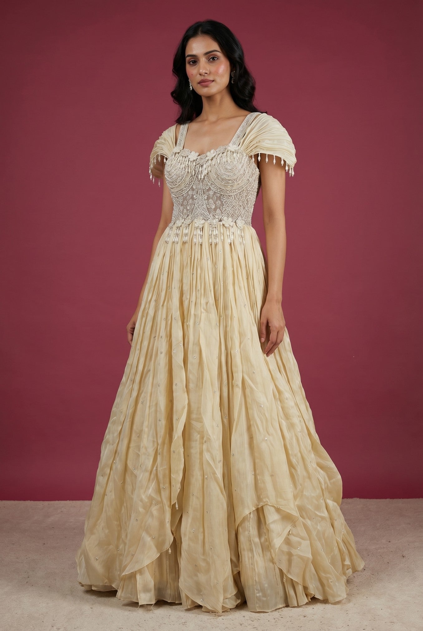 Cream Embroidered Silk Festive Gown