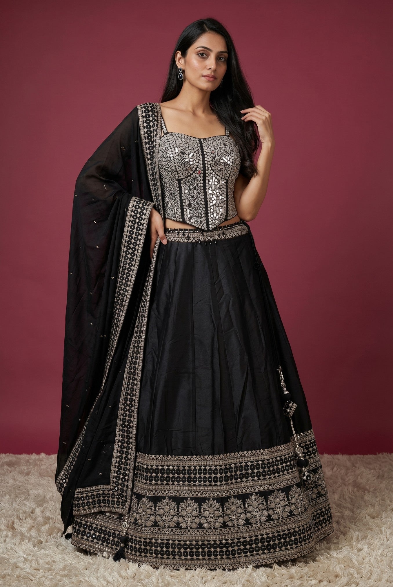 Black Embroidered Corset Silk Top With Lehenga