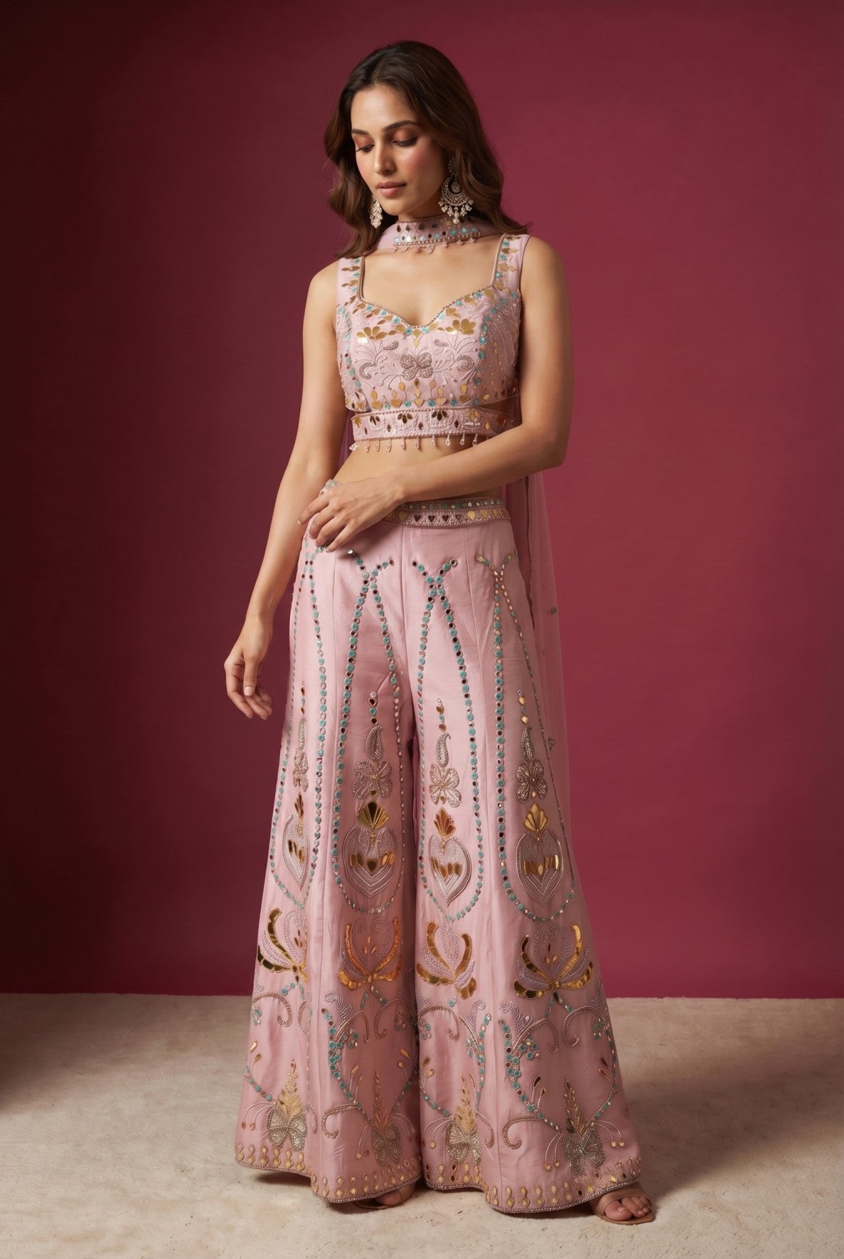 Baby Pink 3D Embroidered Top With Palazzo