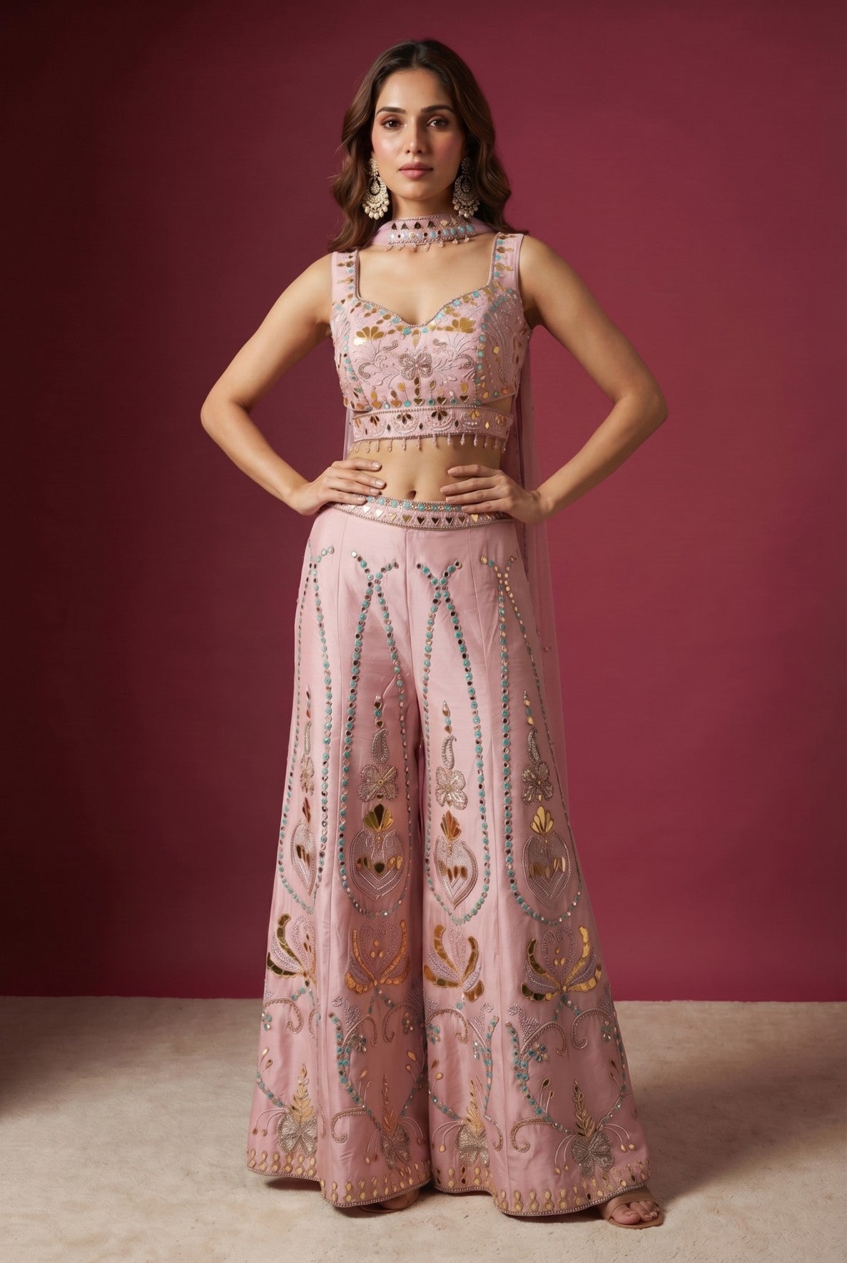 Baby Pink 3D Embroidered Top With Palazzo