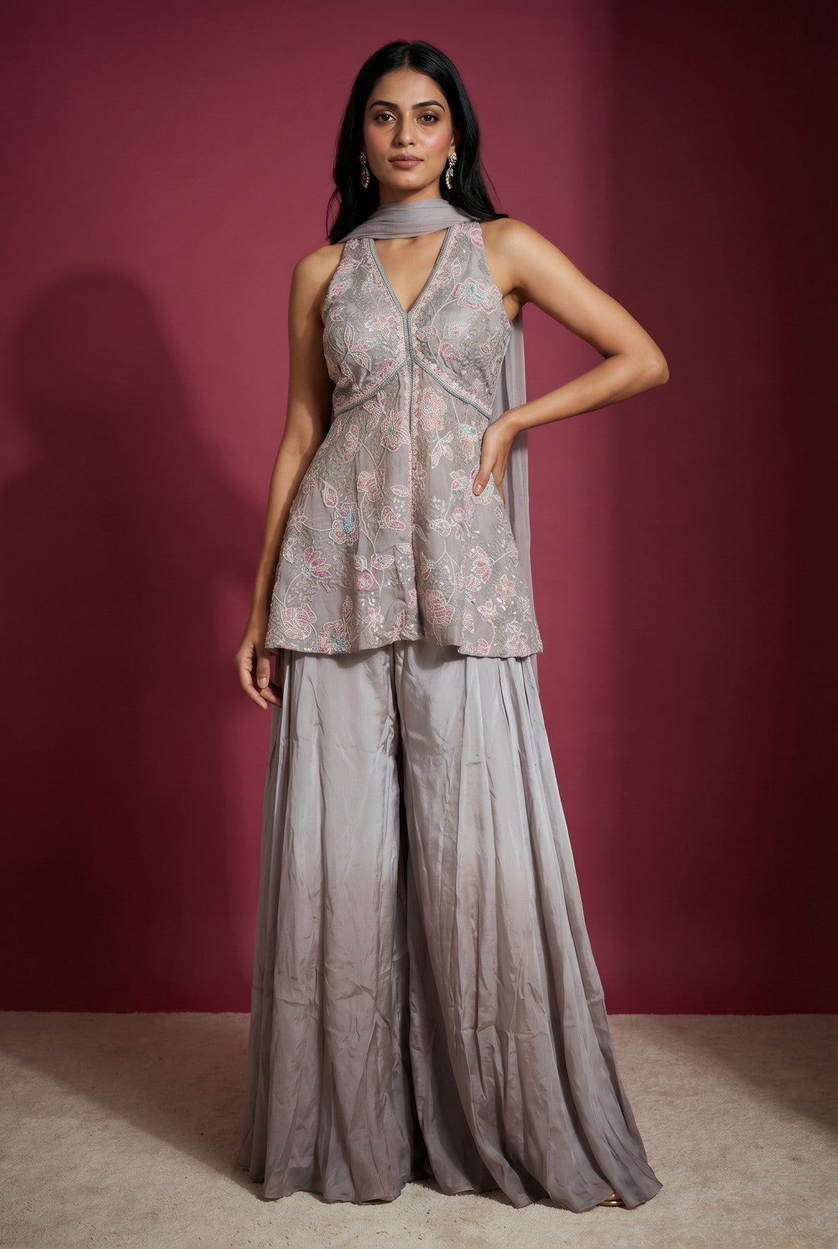 Grey Embroidered Top With Palazzo Set