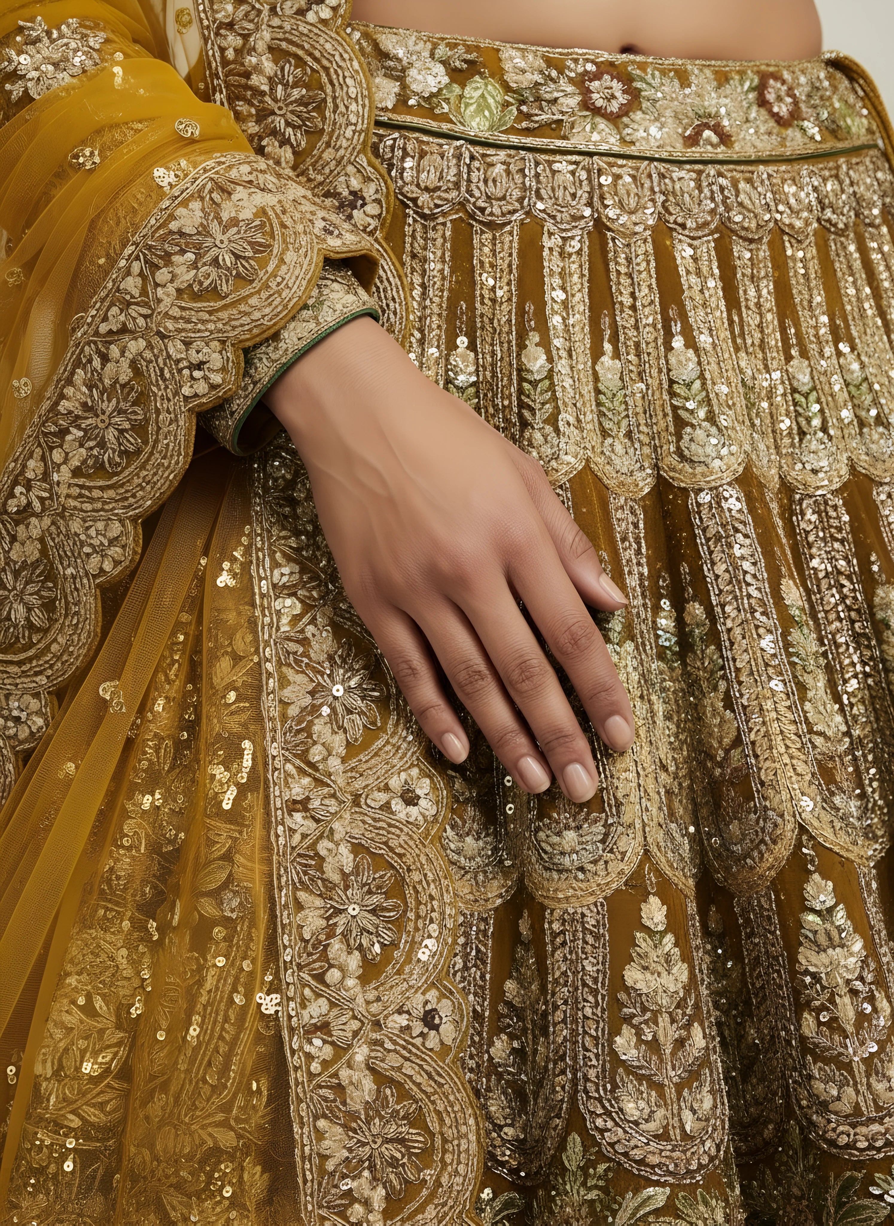 Brown Net Embroidered Lehenga