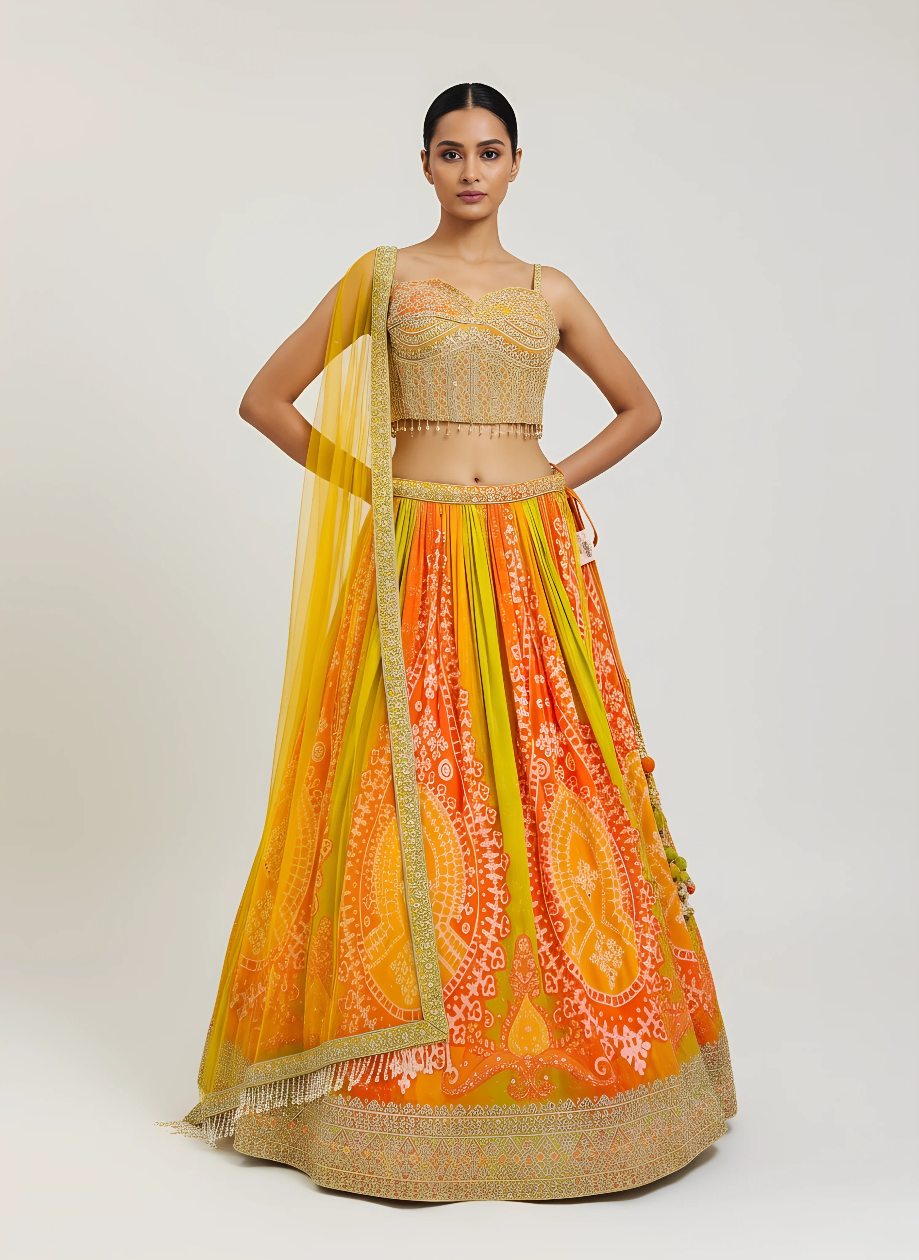Multicolor Bandhani Print Embroidered Lehenga