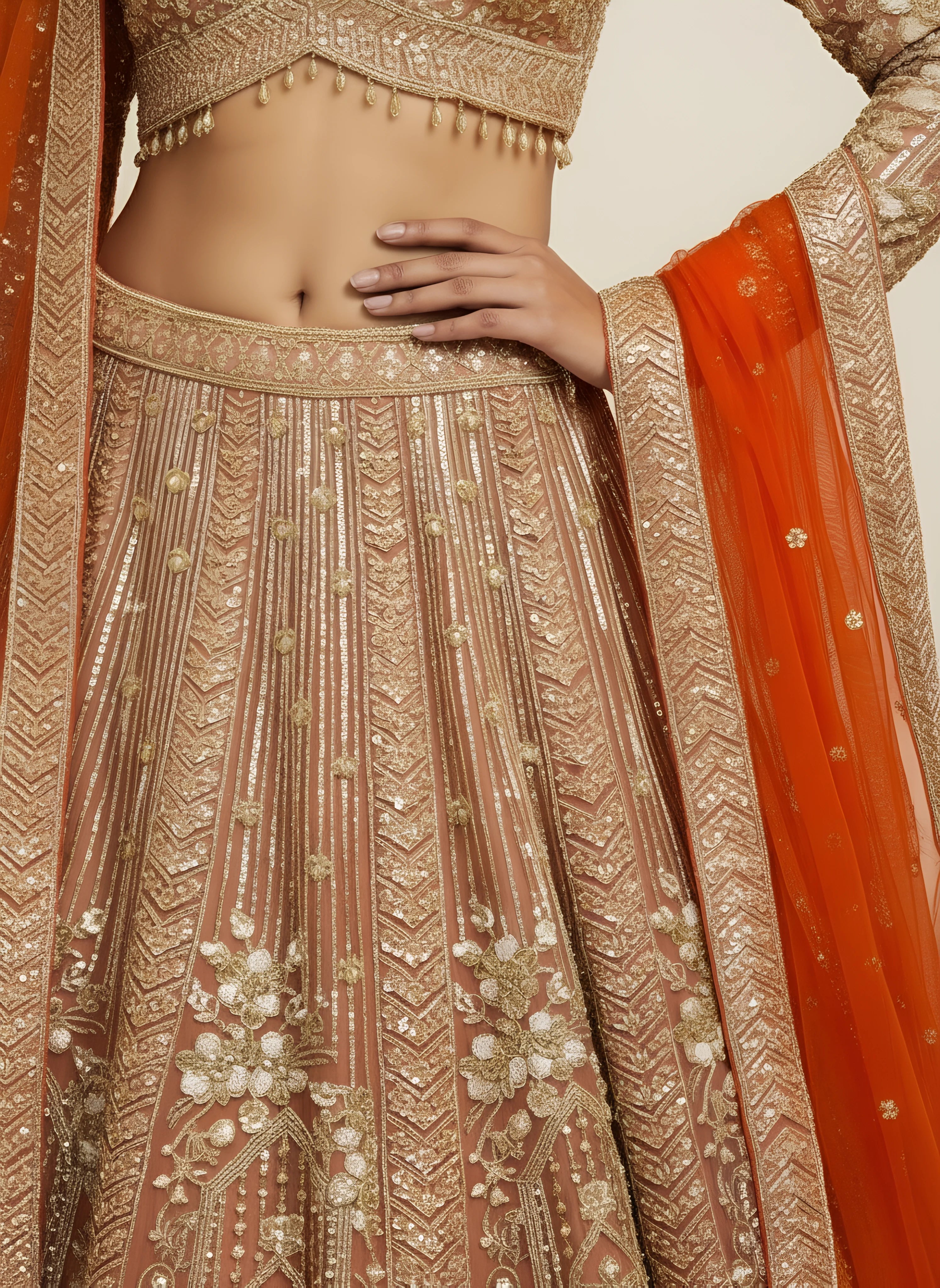 Light Brown Net Embroidered Designer Lehenga