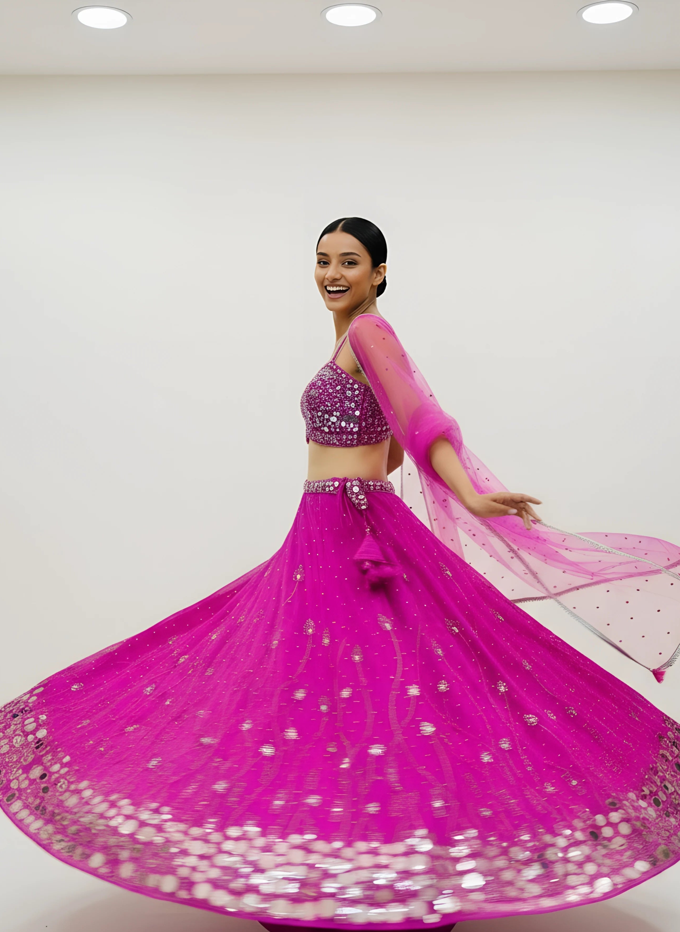 Hot Pink Organza Mirror Work Designer Readymade Lehenga