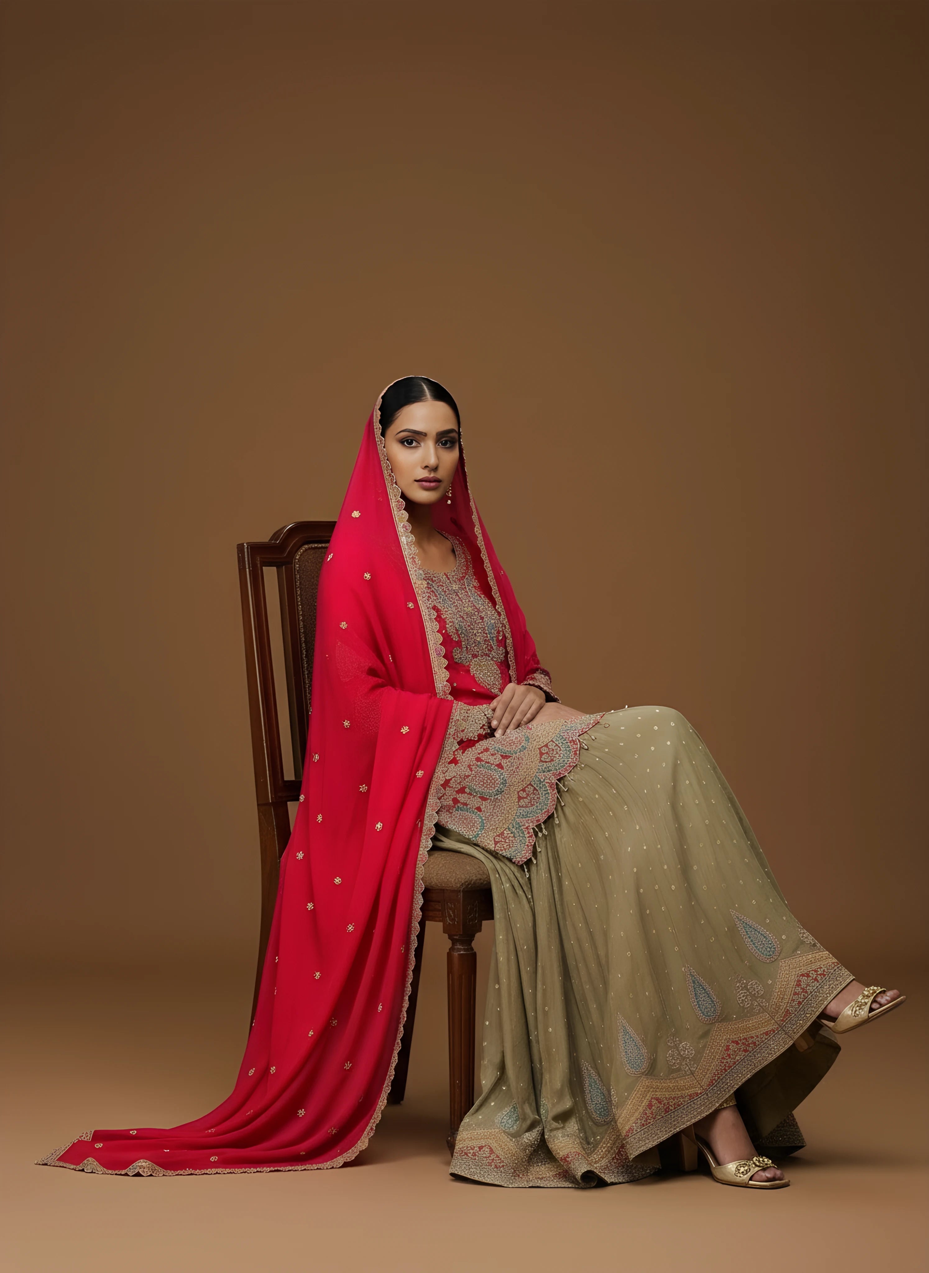 Dark Pink Chinnon Embroidered Sharara Set