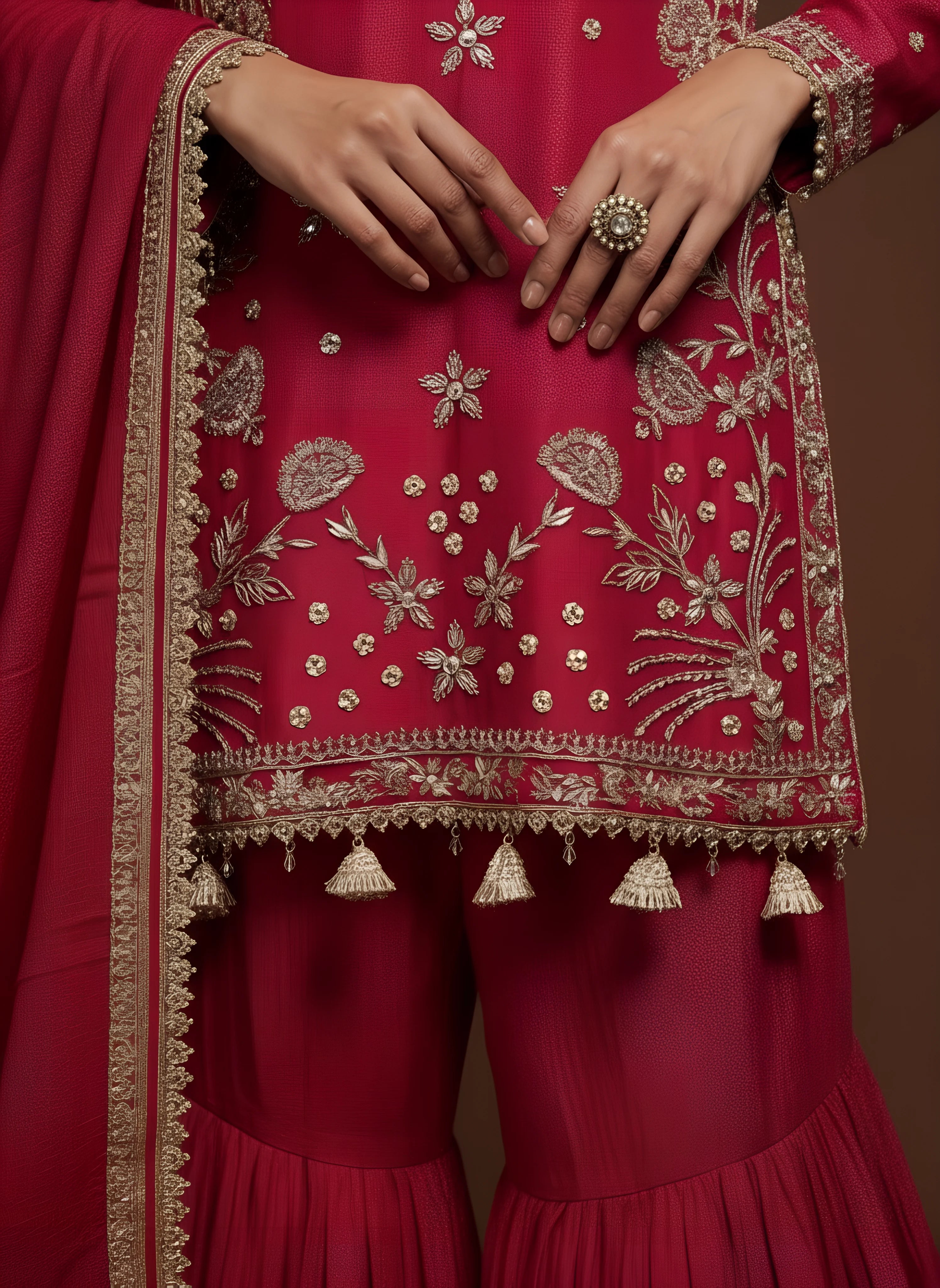 Fuscia Pink Silk Hand Embroidered Sharara Set