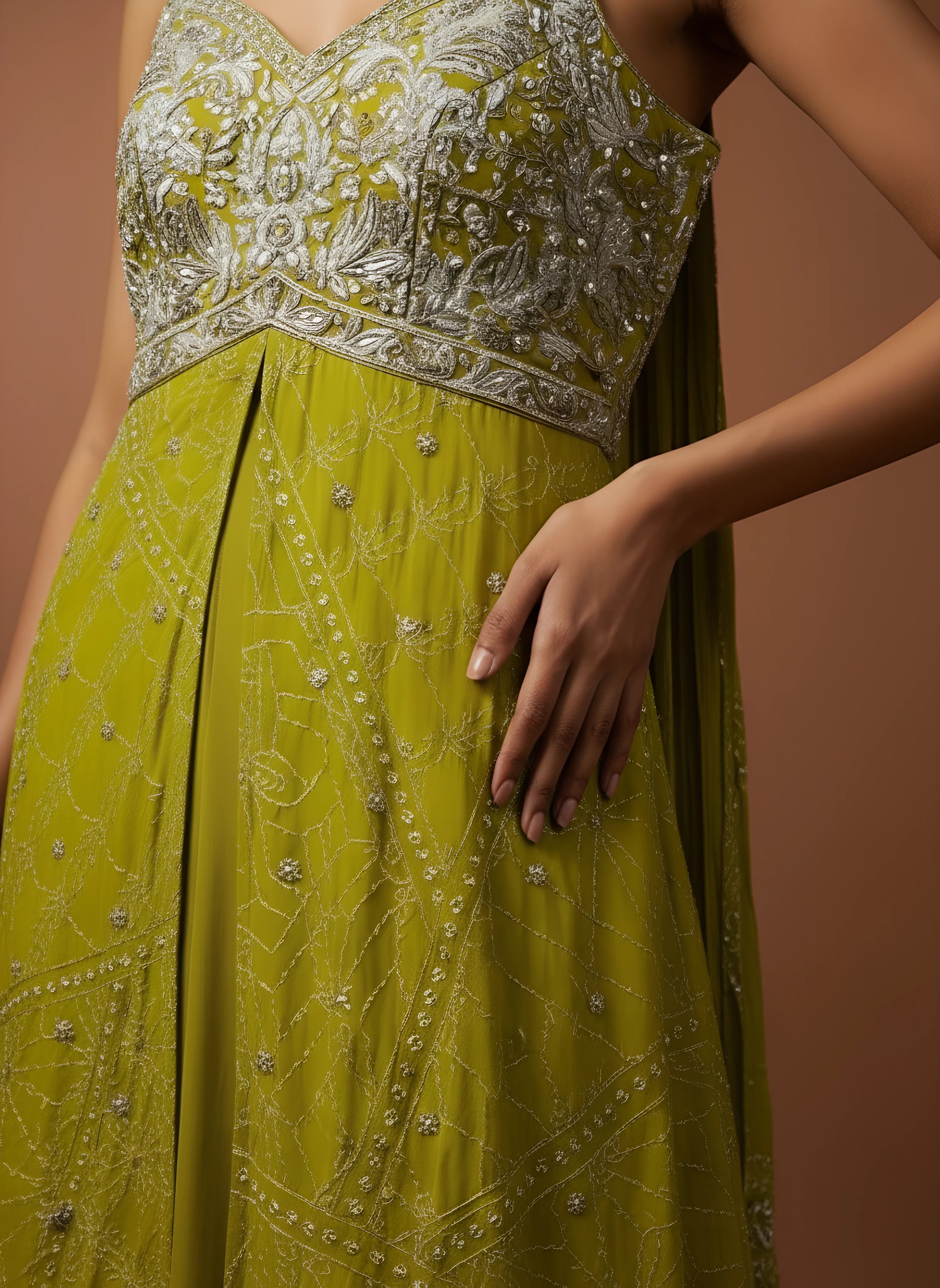 Green Silk Bandhani Print Front Slit Sharara Set