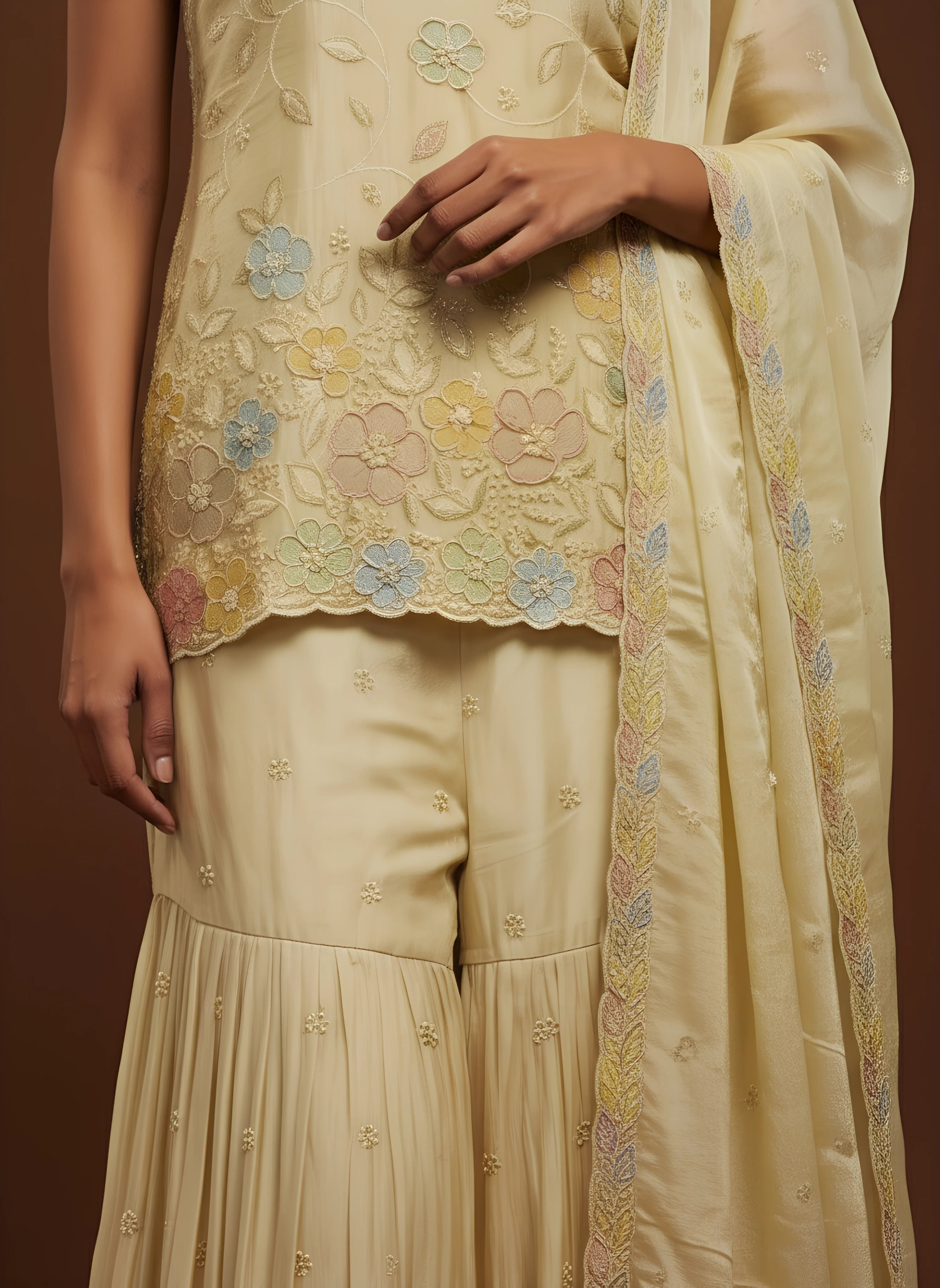 Cream Chinnon Silk Embroidered Sharara Set