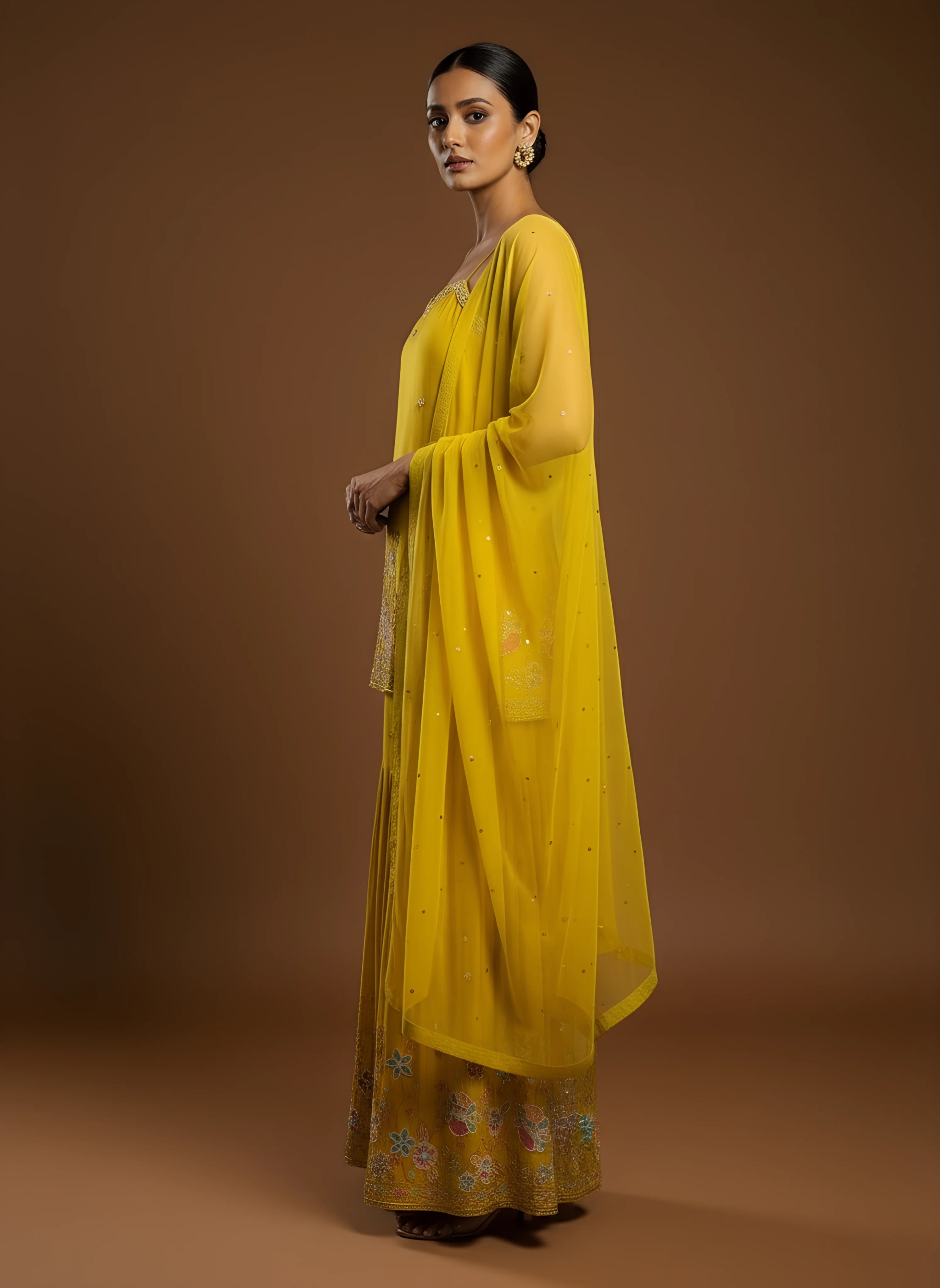 Yellow Chinnon Silk Embroidered Sharara Set