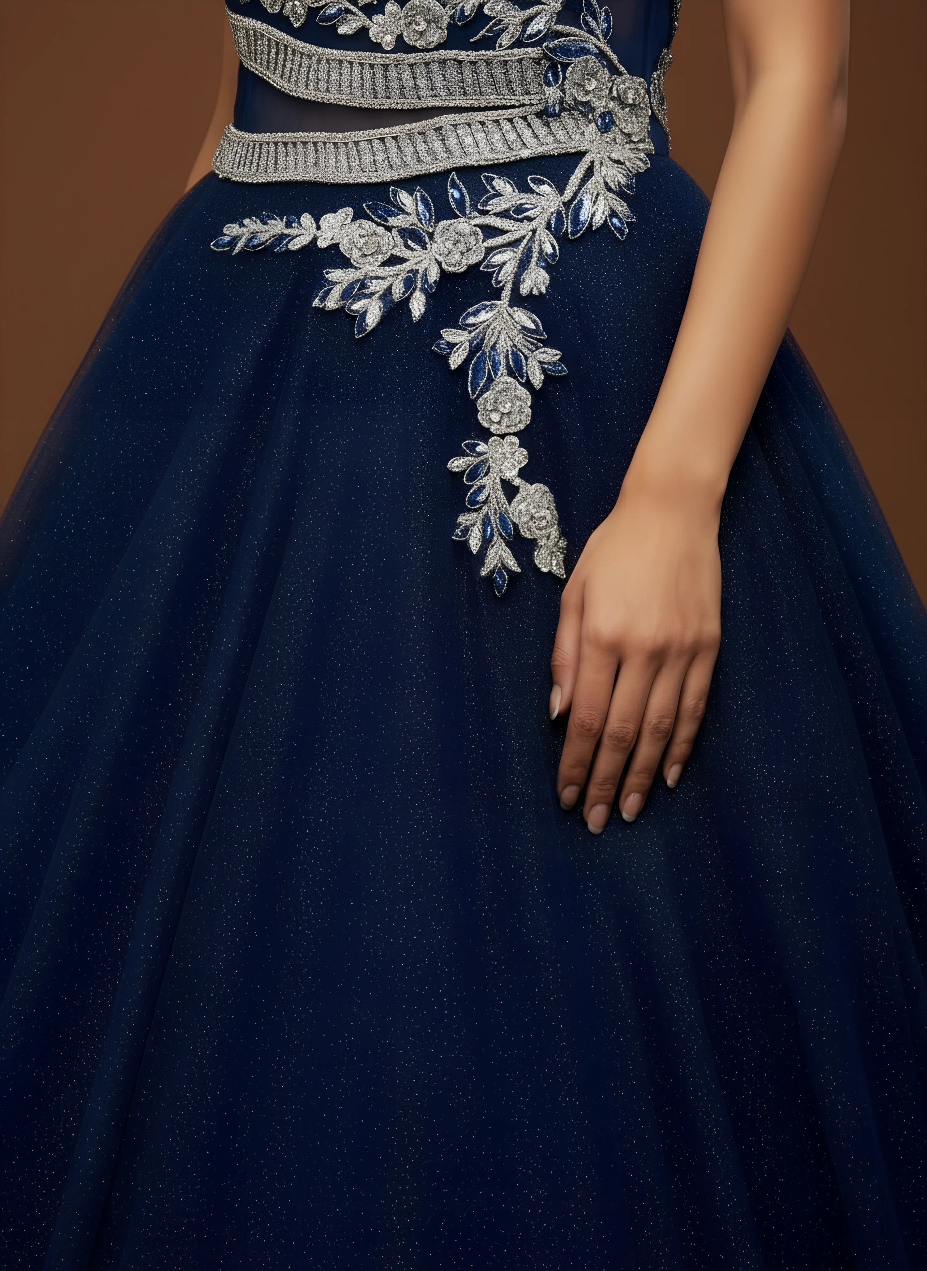 Navy Blue Sequins Embroidered Net Engagement Gown
