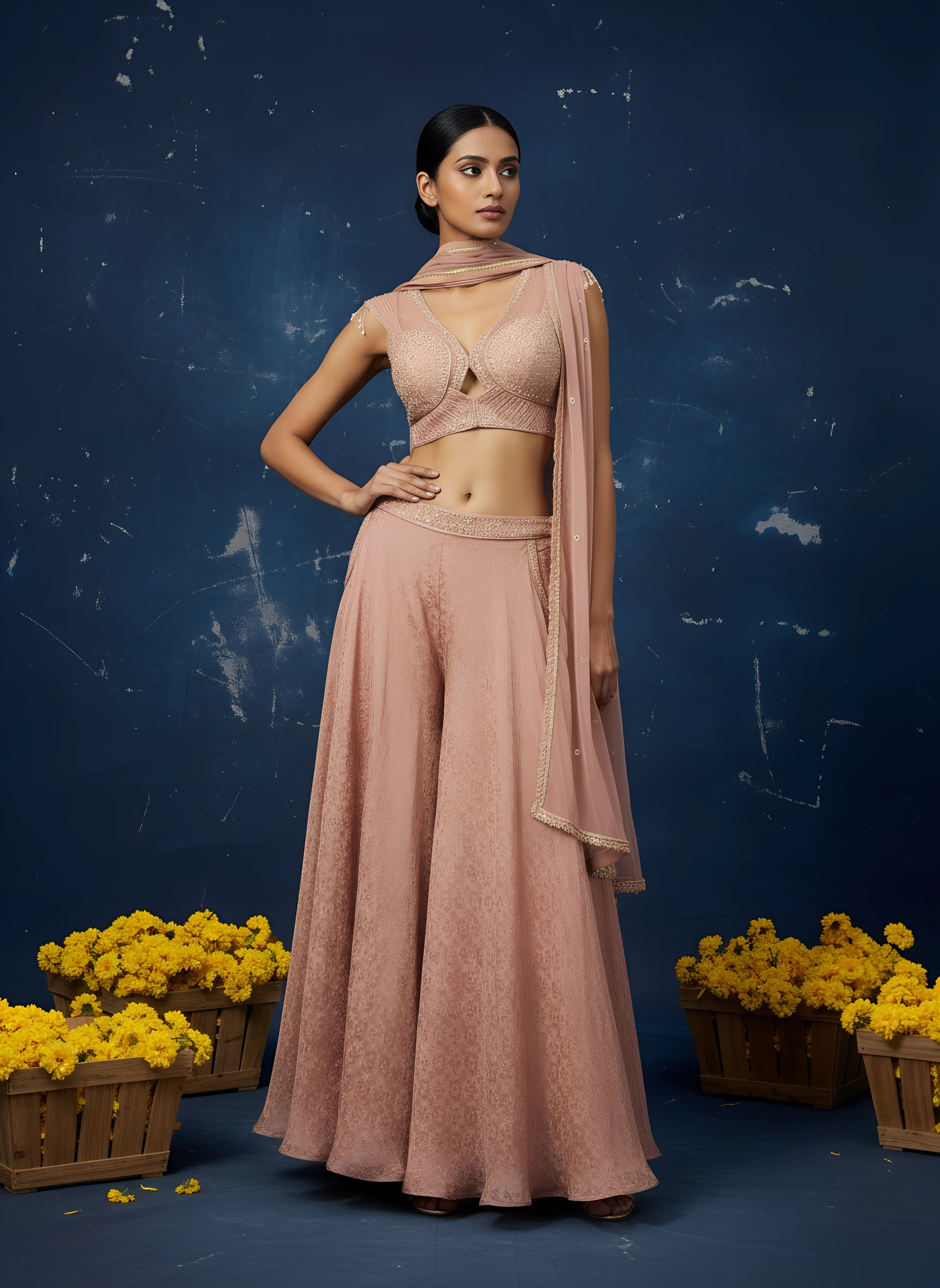 Mauve Embroidered Top With Palazzo