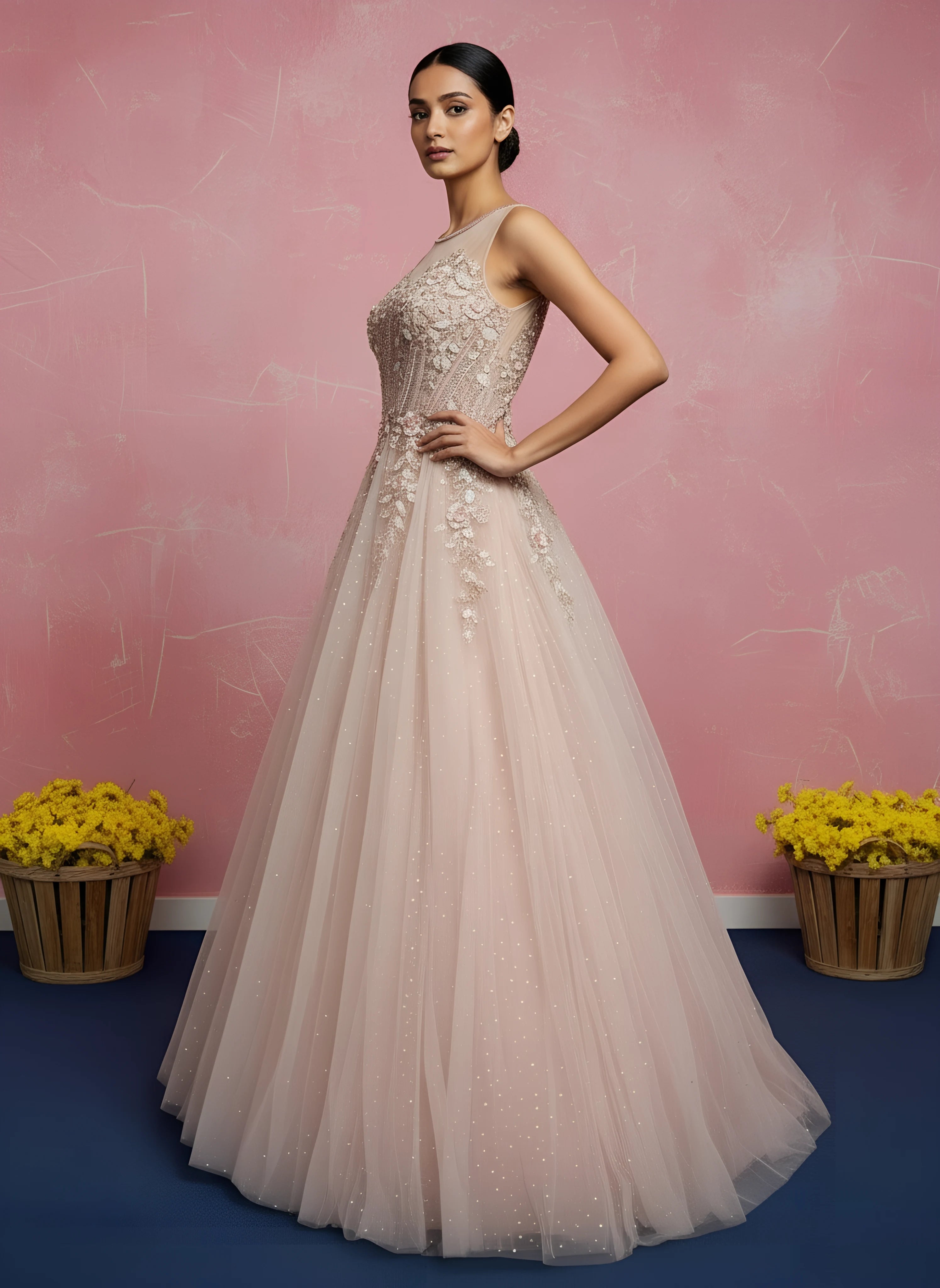 Pale Pink Sequins Embroidered Net Engagement Gown