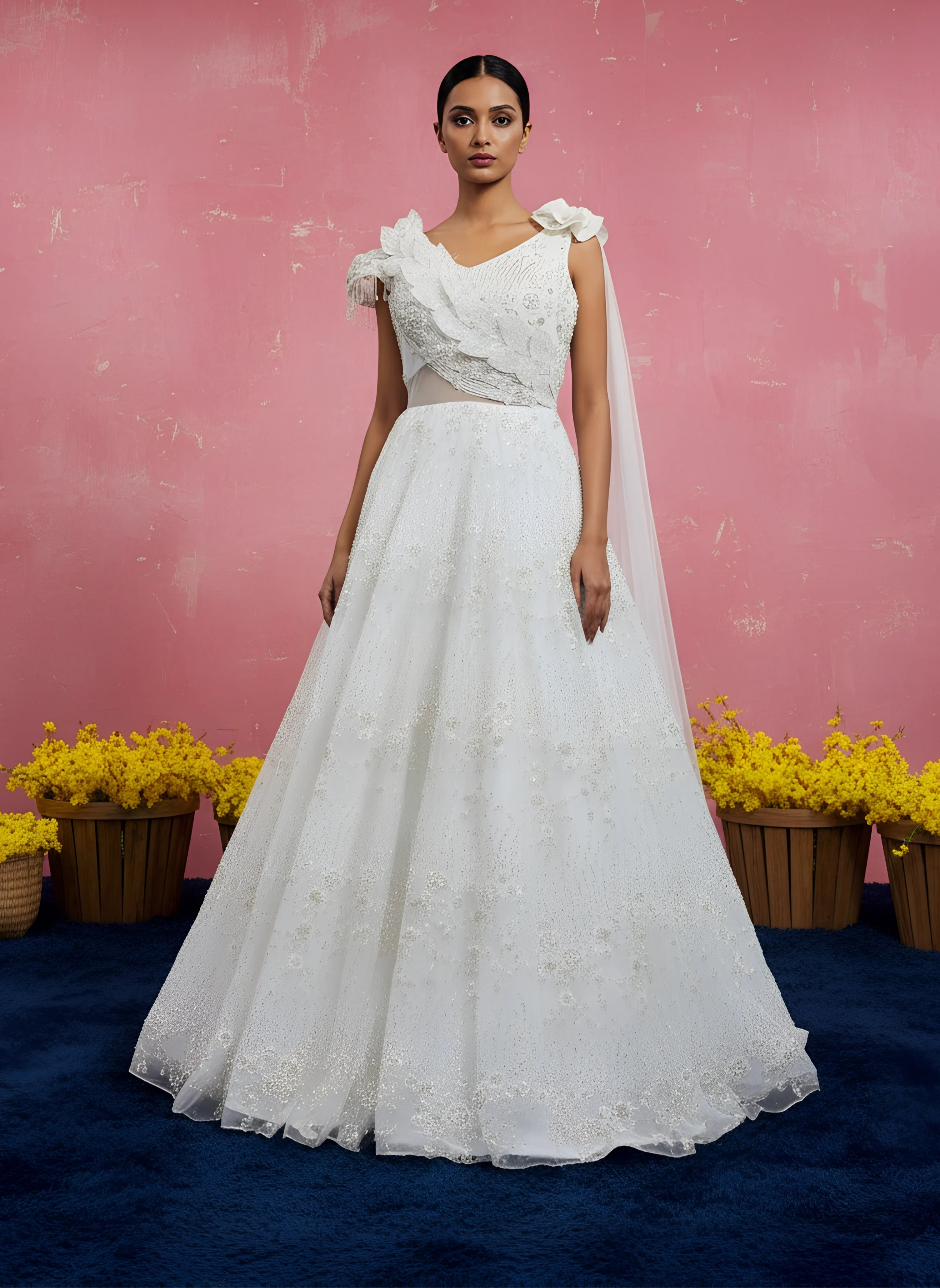 Woman in a white gown dress standing against a pink wall with yellow flowers in the foreground.