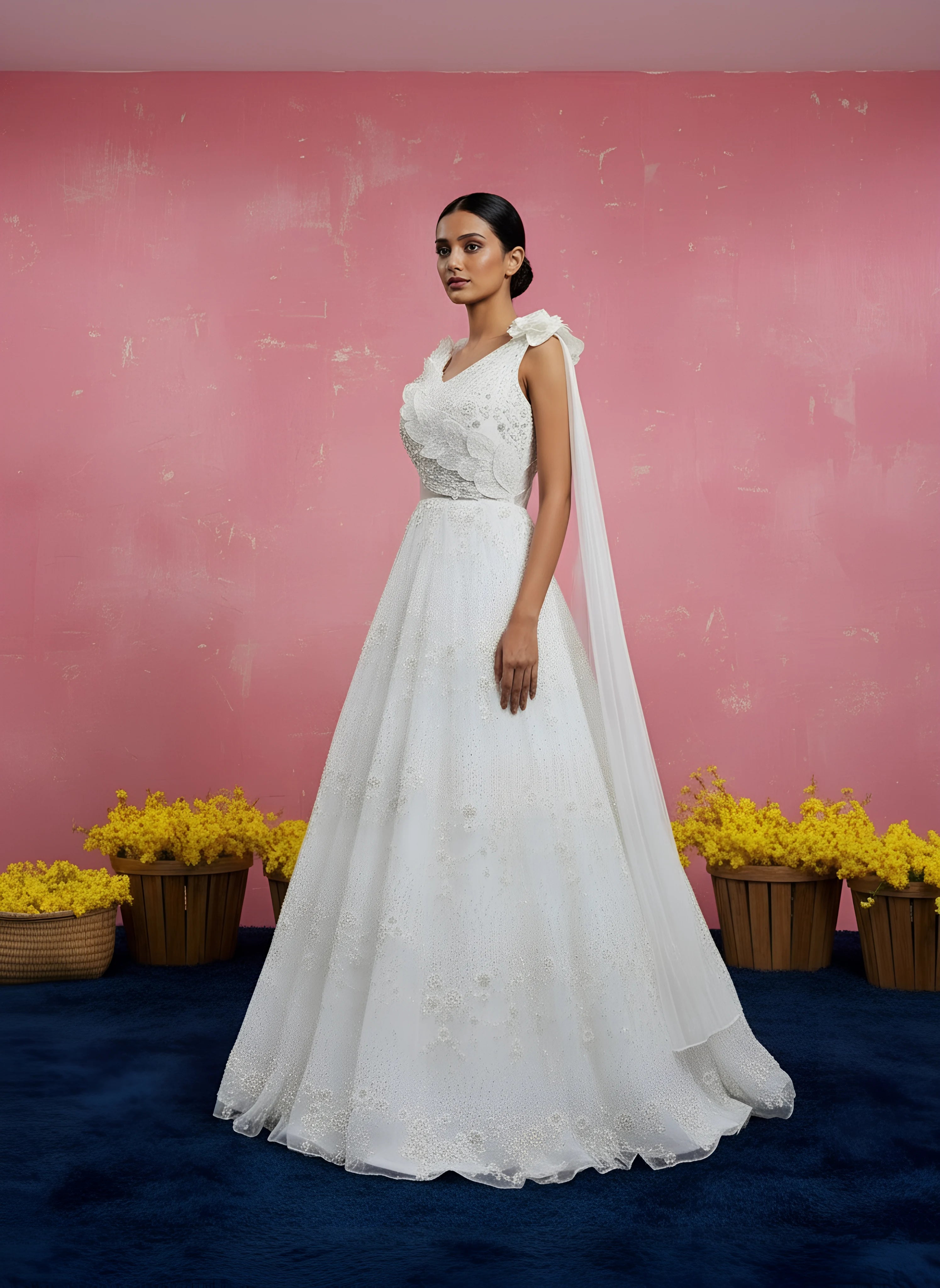 Off White Sequins Embroidery Net Gown