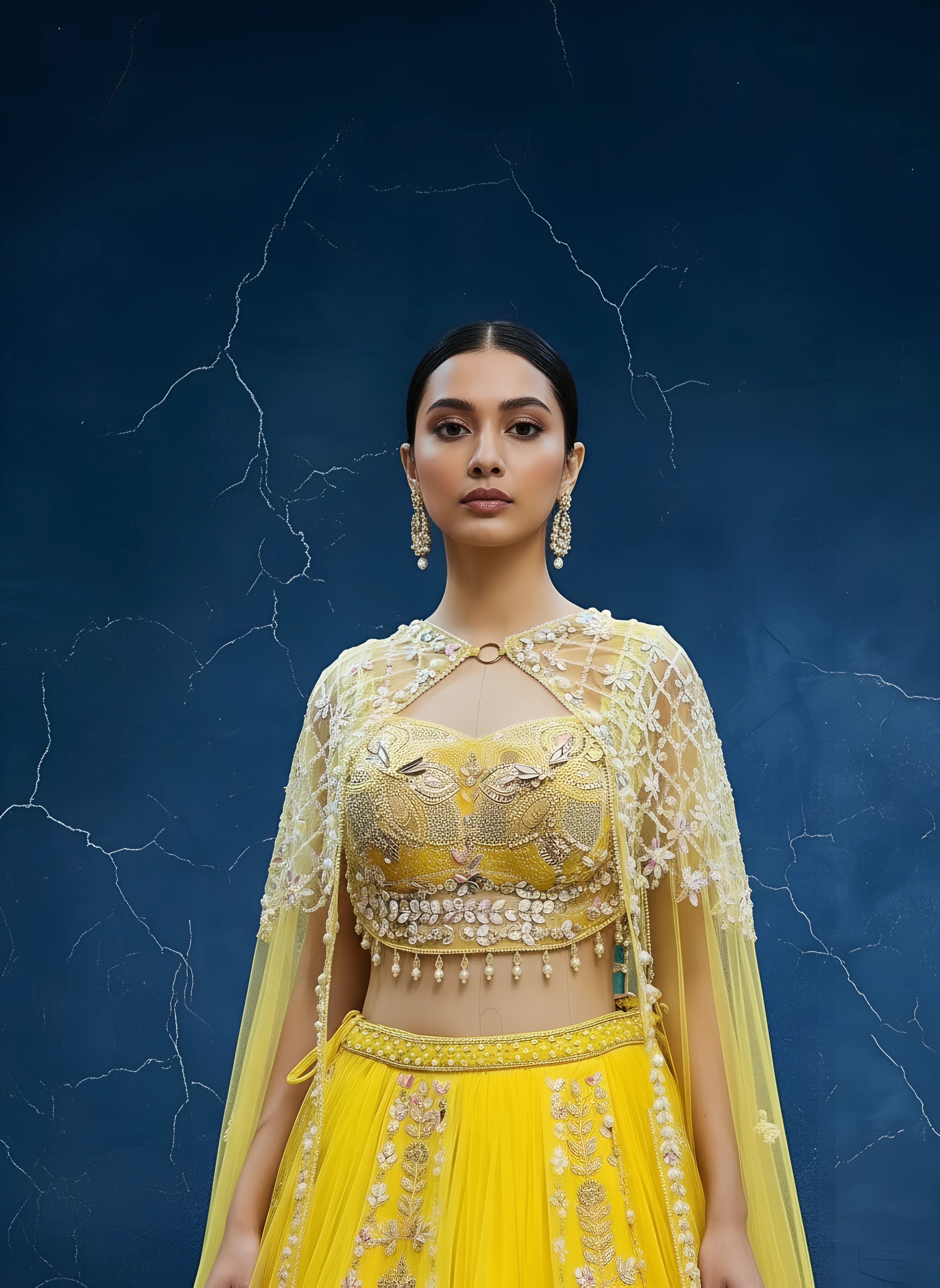 Yellow Embroidered Bodice with Shrug & Lehenga