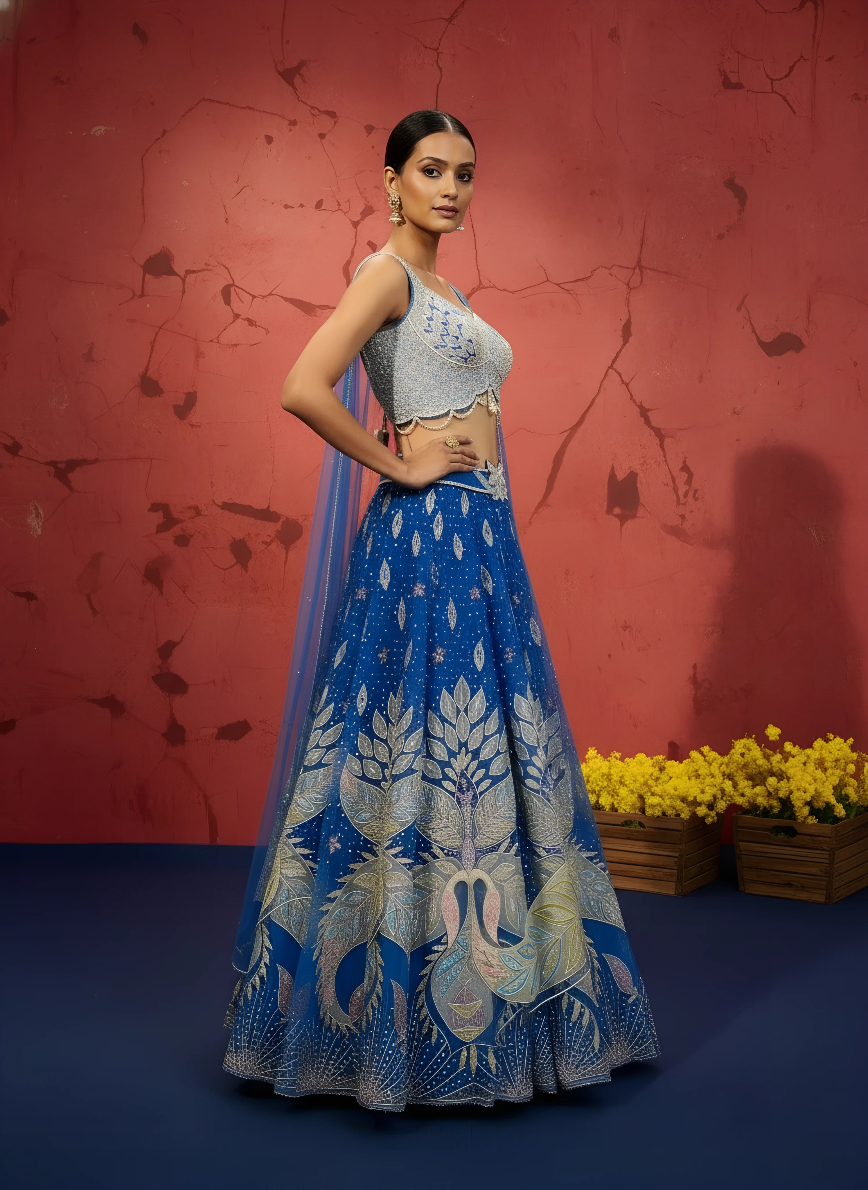 Navy Blue Net Embroidered Lehenga