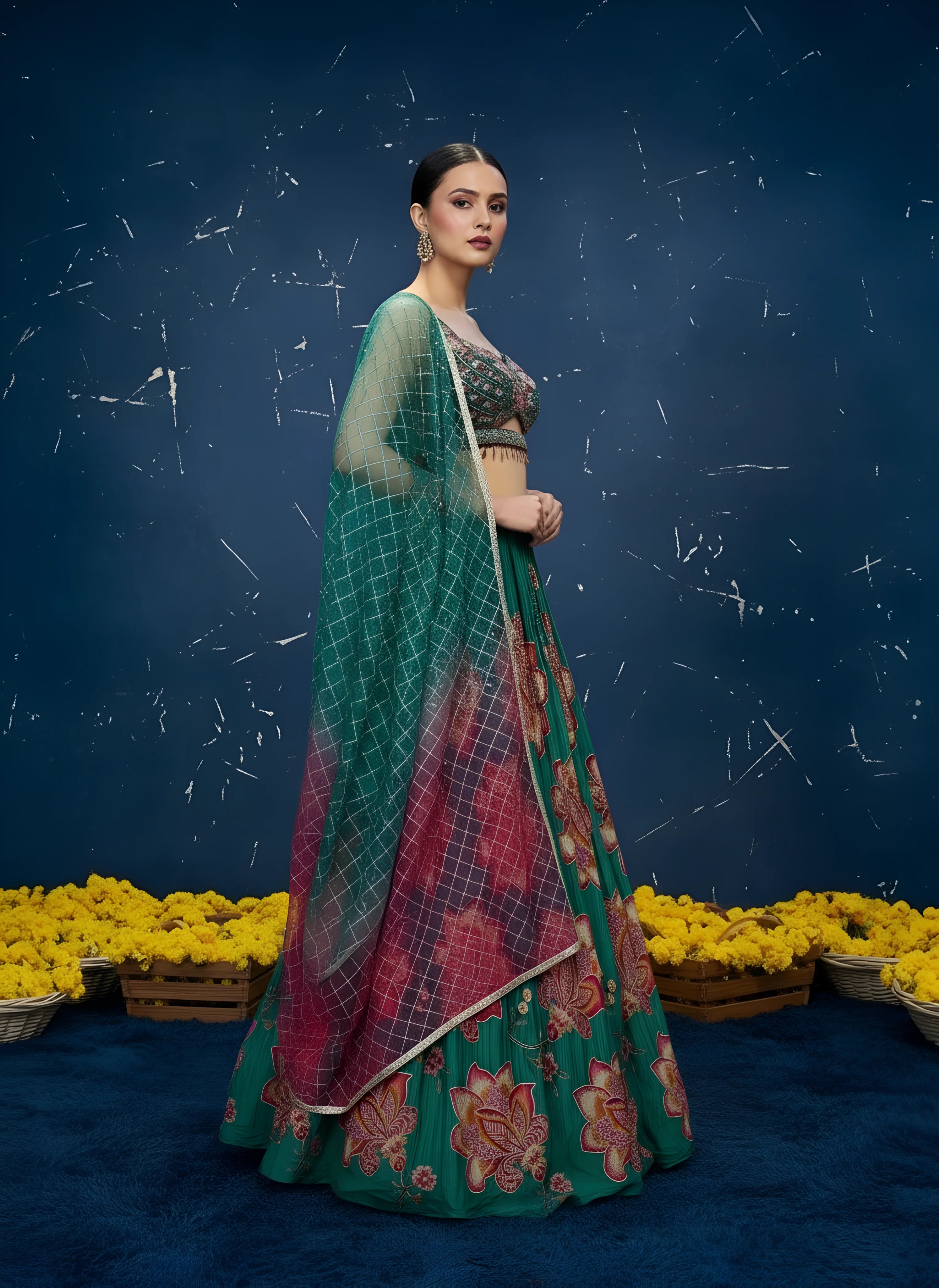 Dark Green Chinnon Embroidered Lehenga