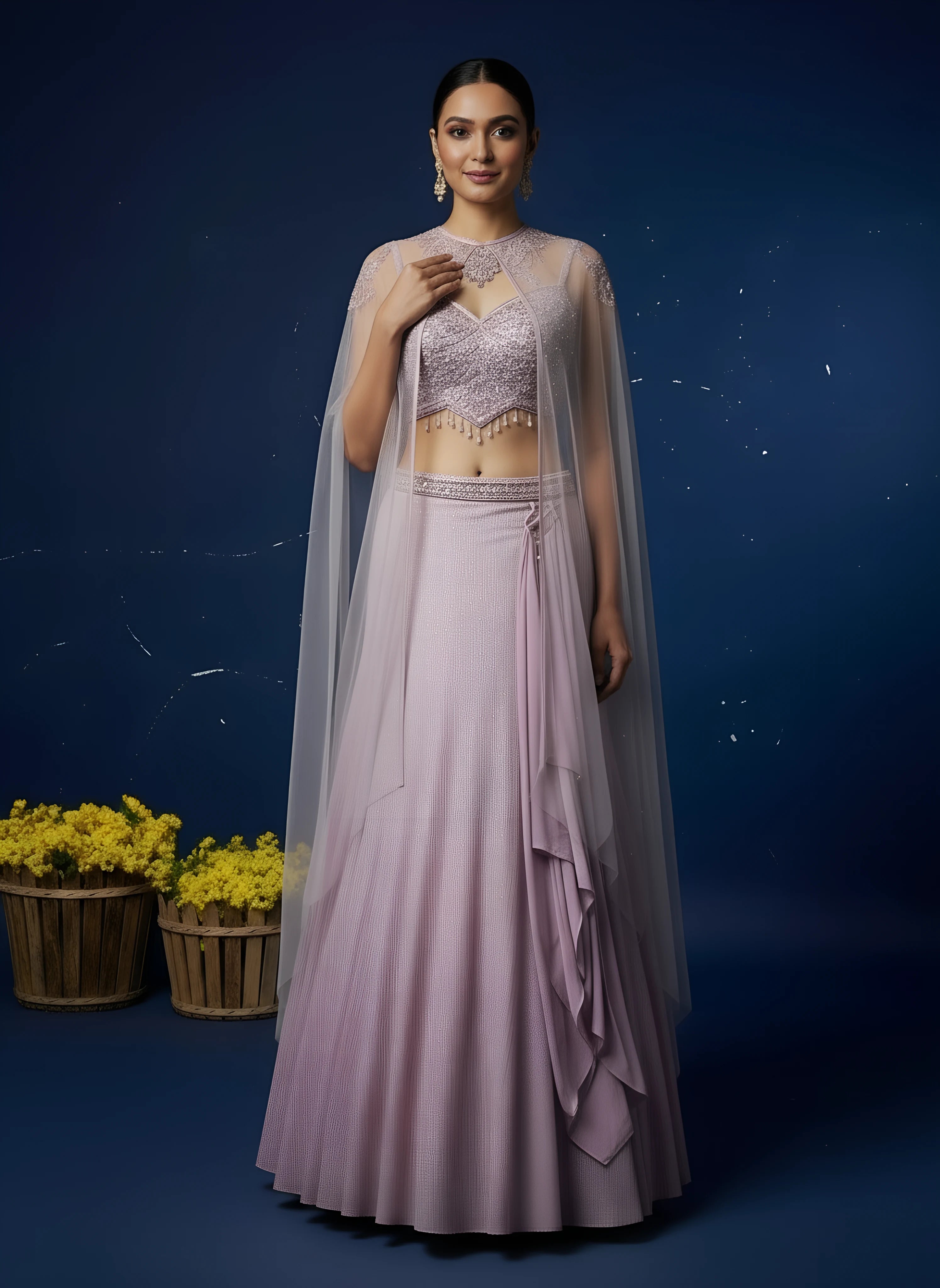 Lilac Designer Fish Cut Lehenga With Shrug