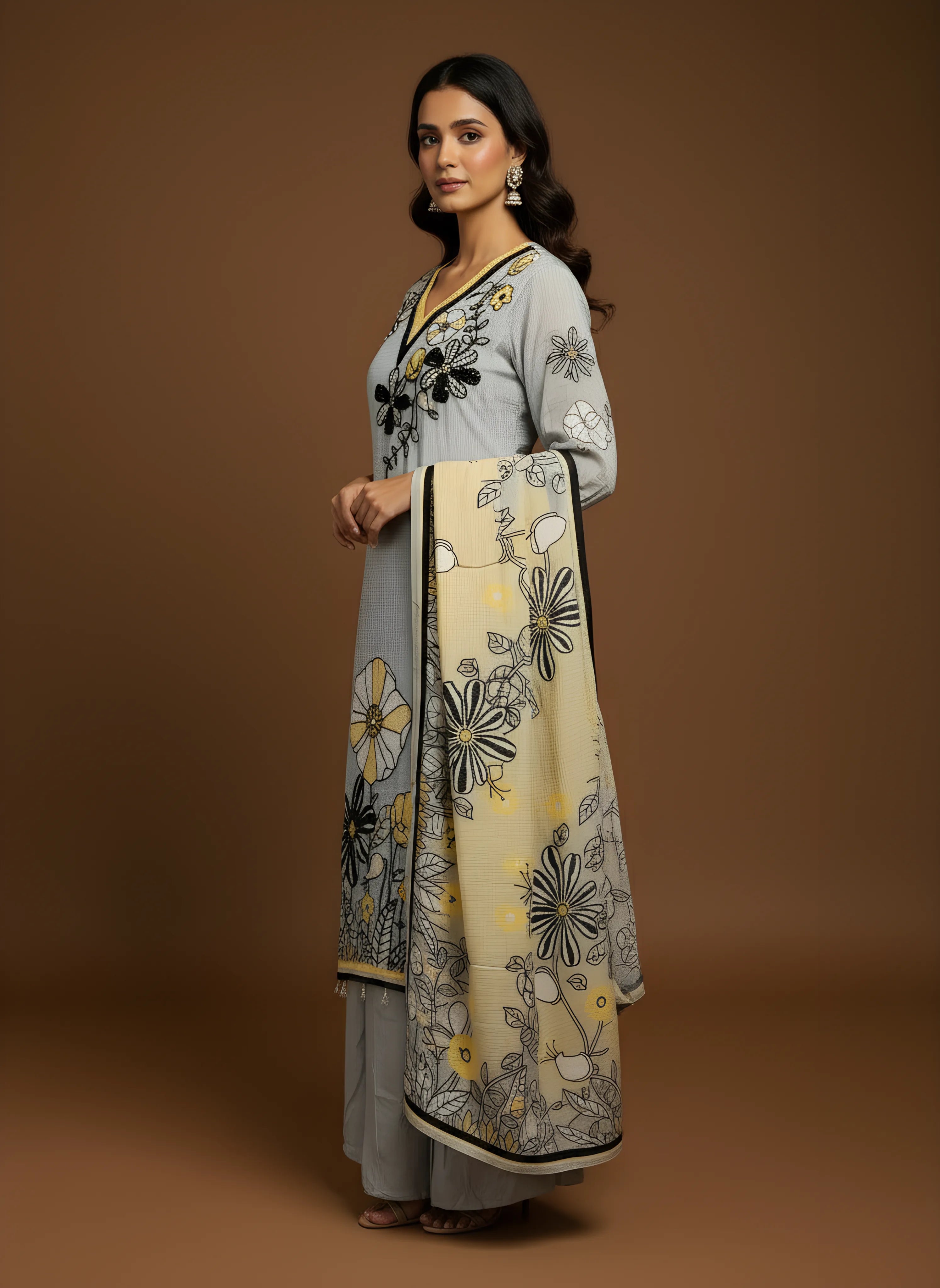 Grey Floral Embellished Salwar Suit With Dupatta