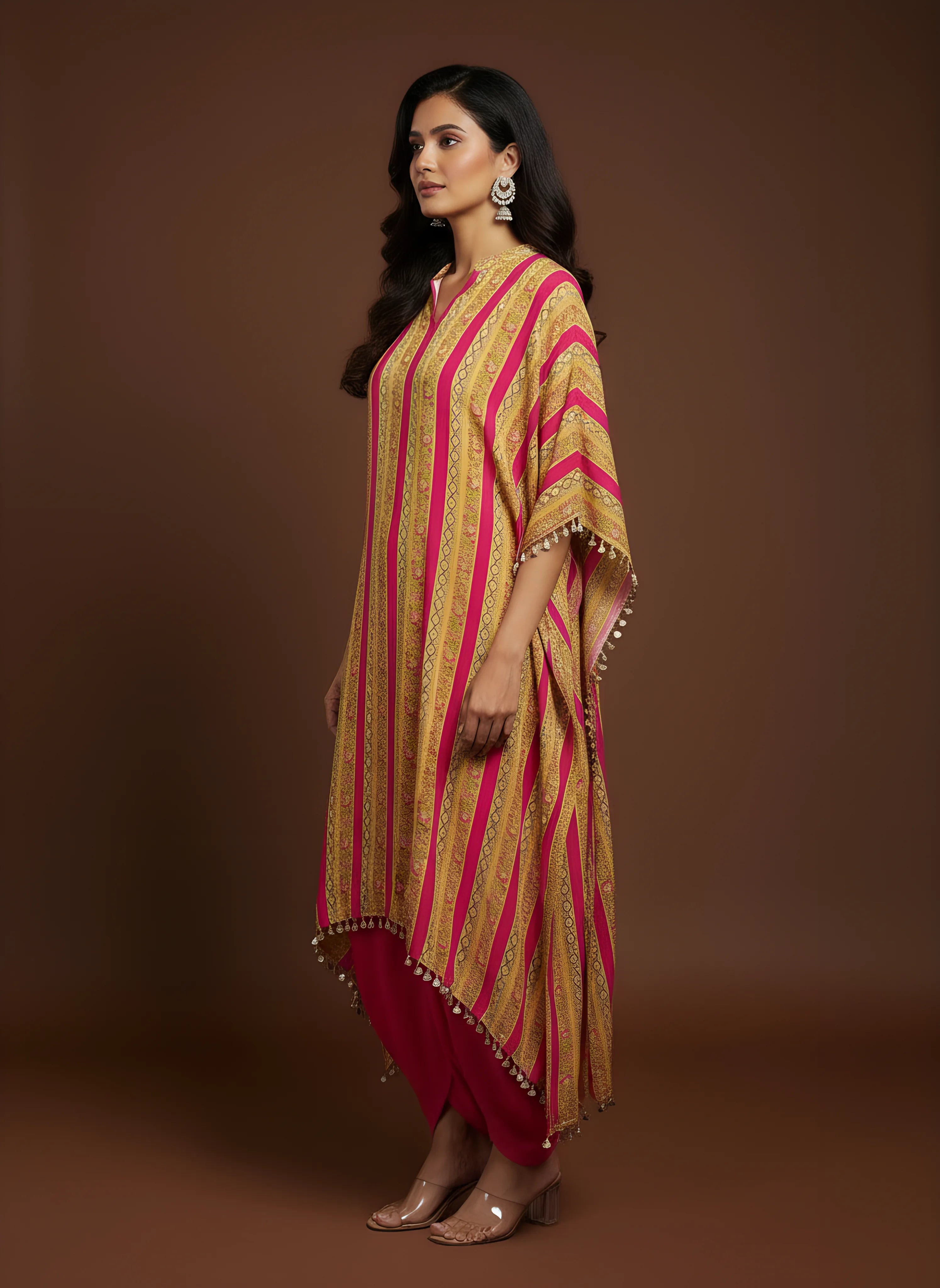 Mustard & Pink Printed Silk Kaftan Set