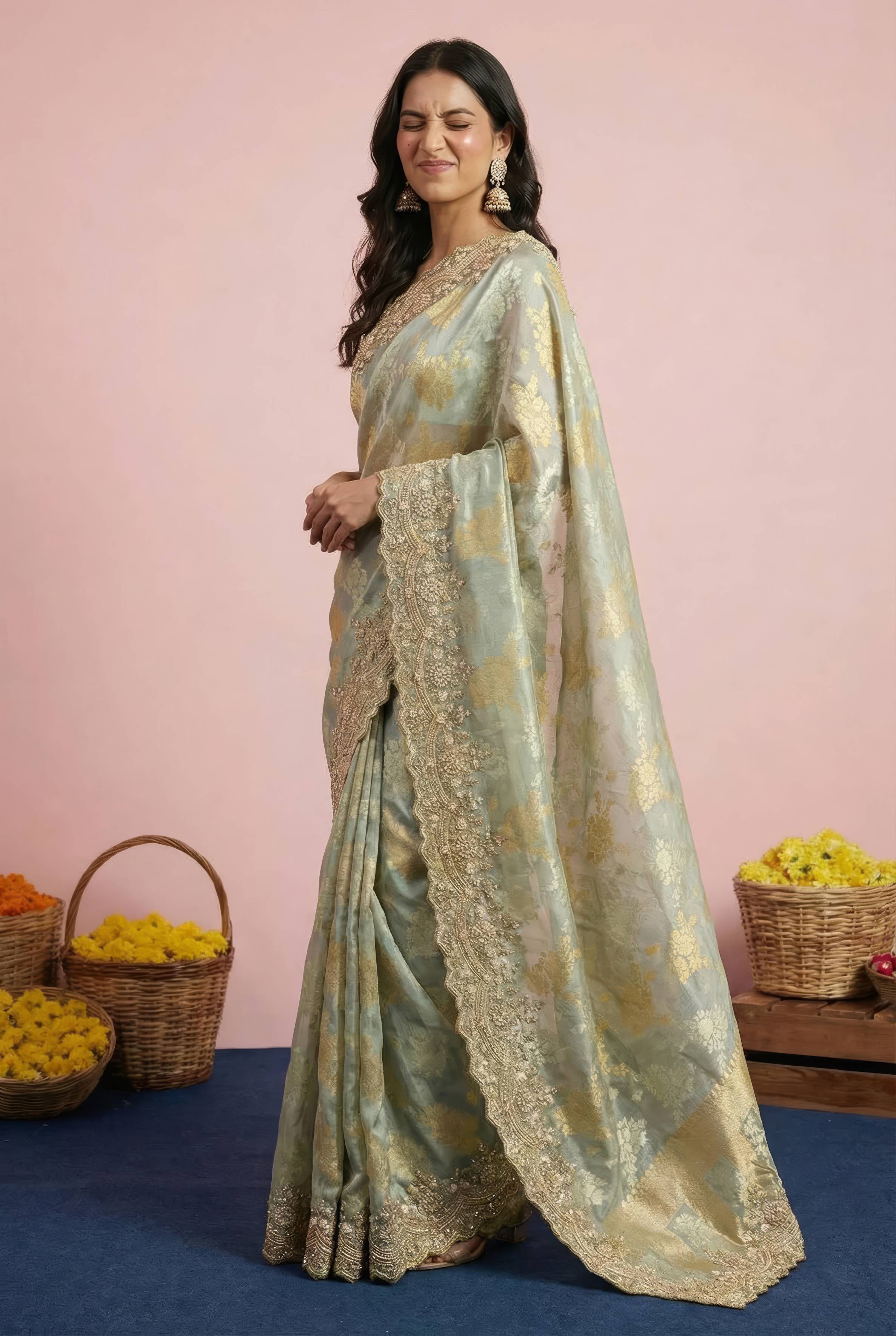 Light Grey Digital Print Hand Embroidered Saree