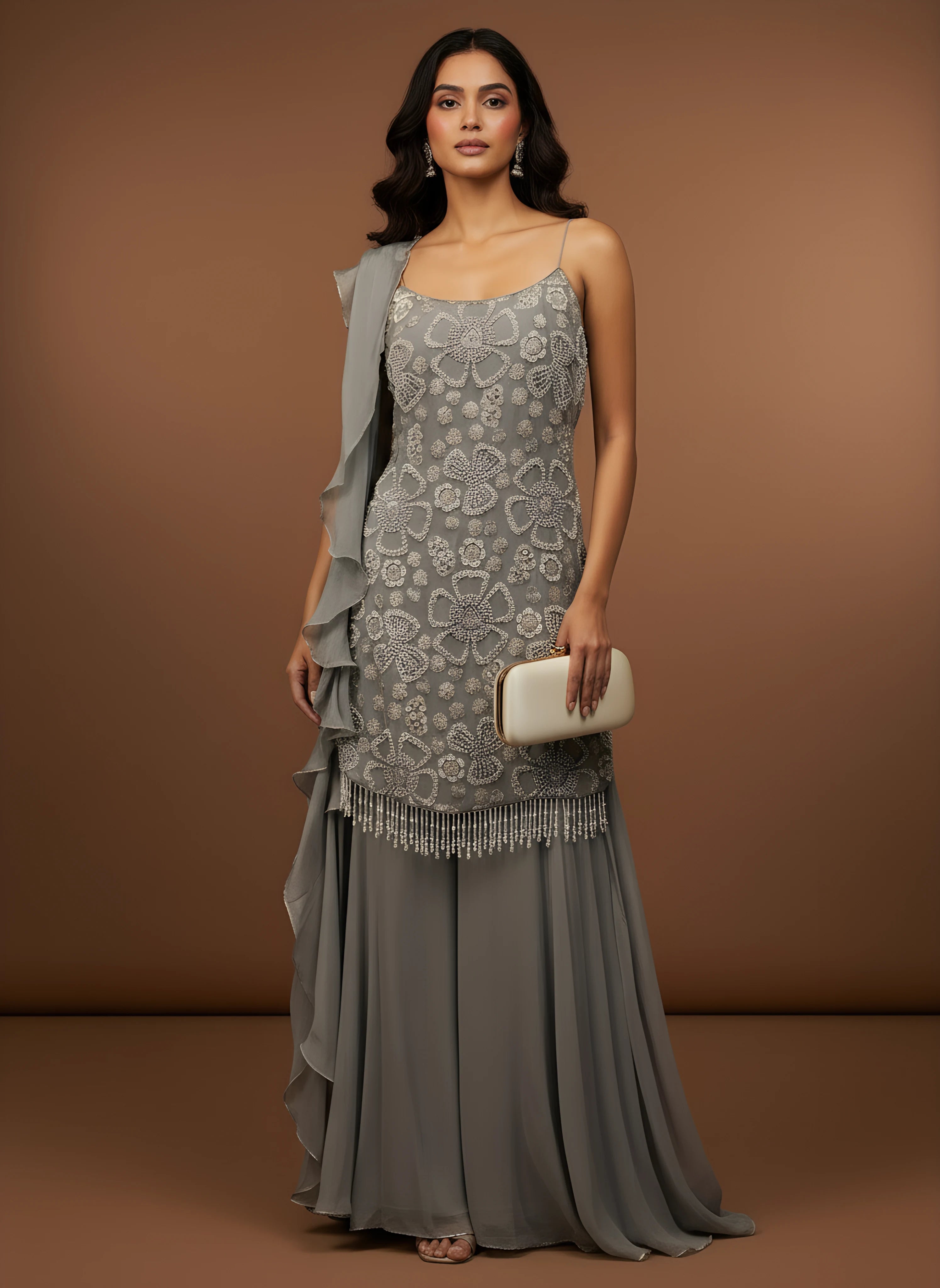 Grey Designer Embroidered Top With Sharara