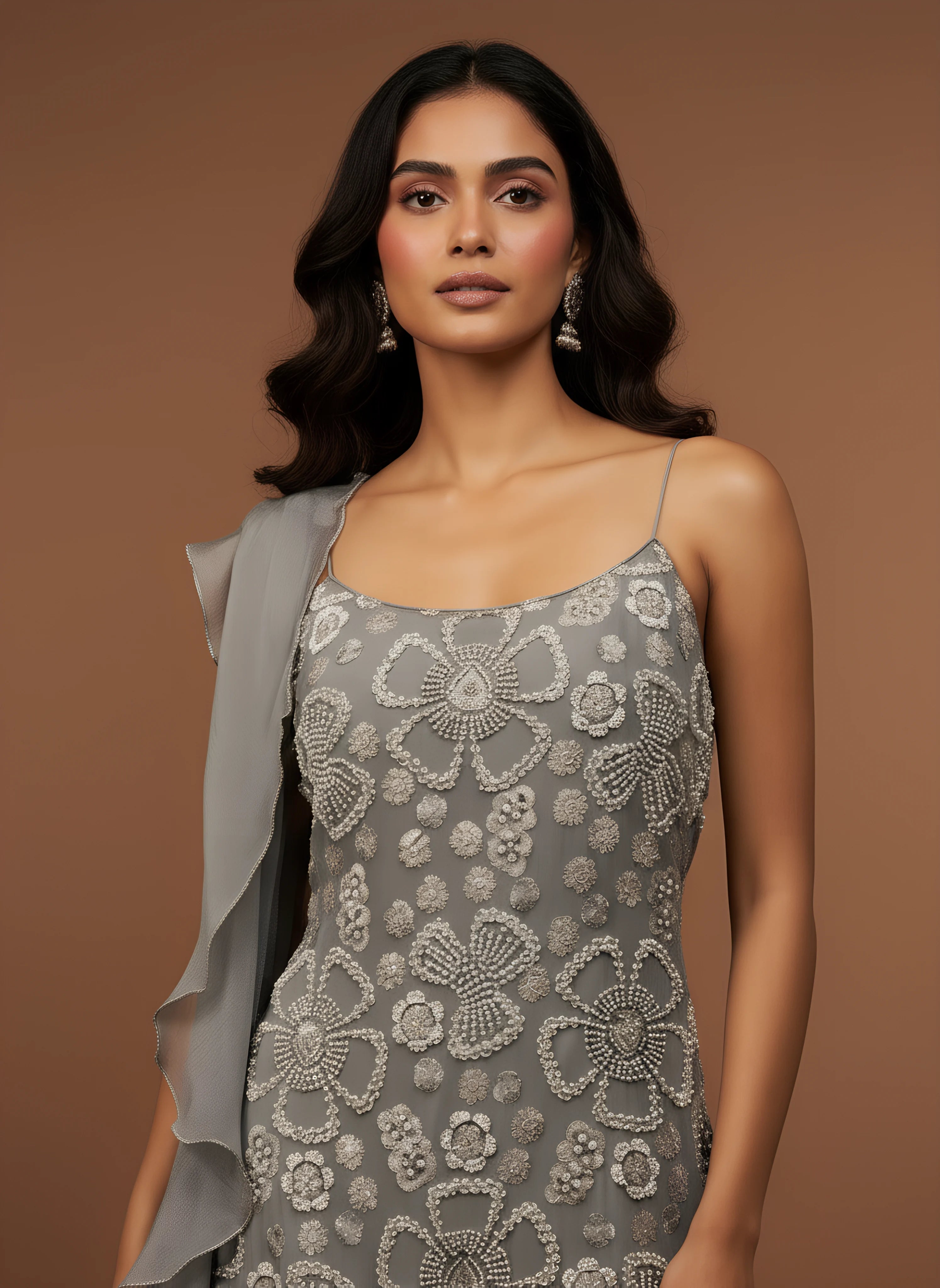 Grey Designer Embroidered Top With Sharara