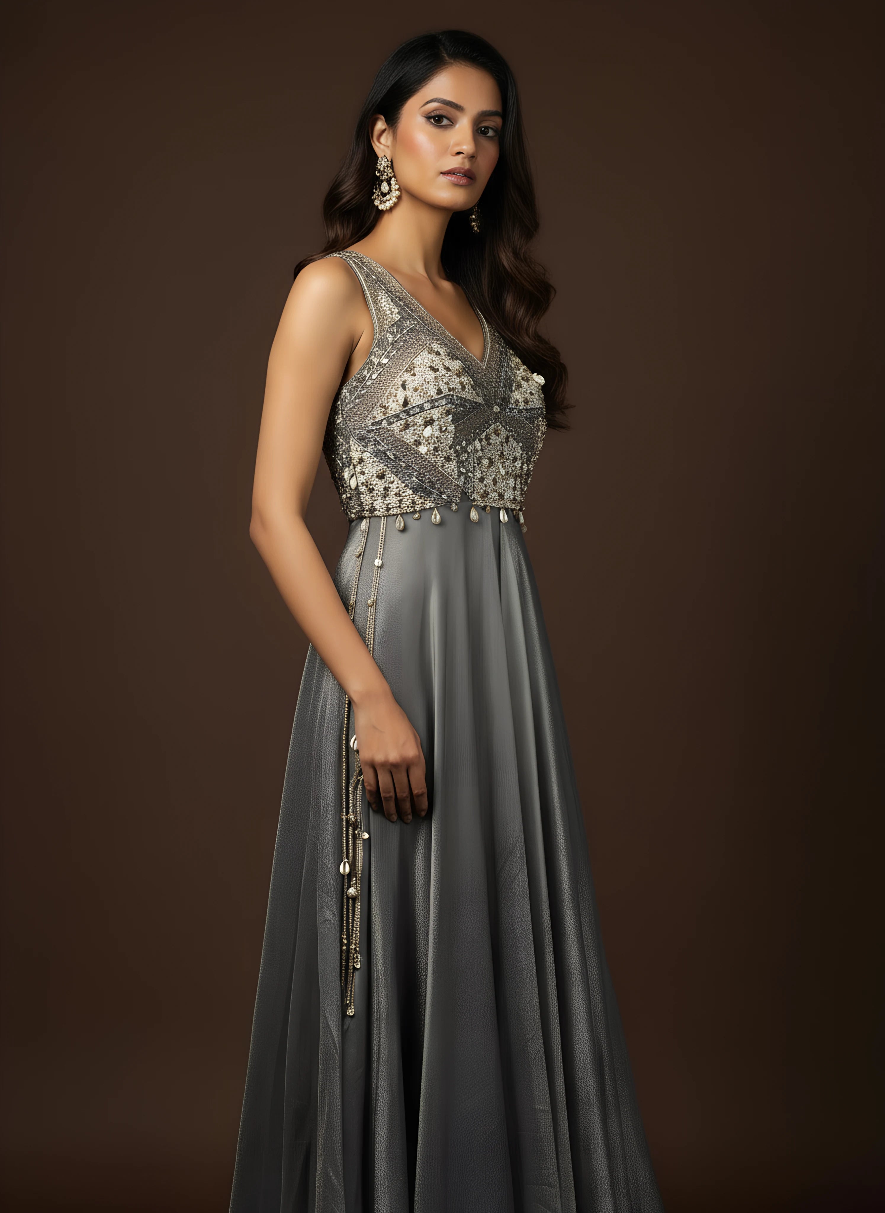 Grey Designer Embroidered Jumpsuit