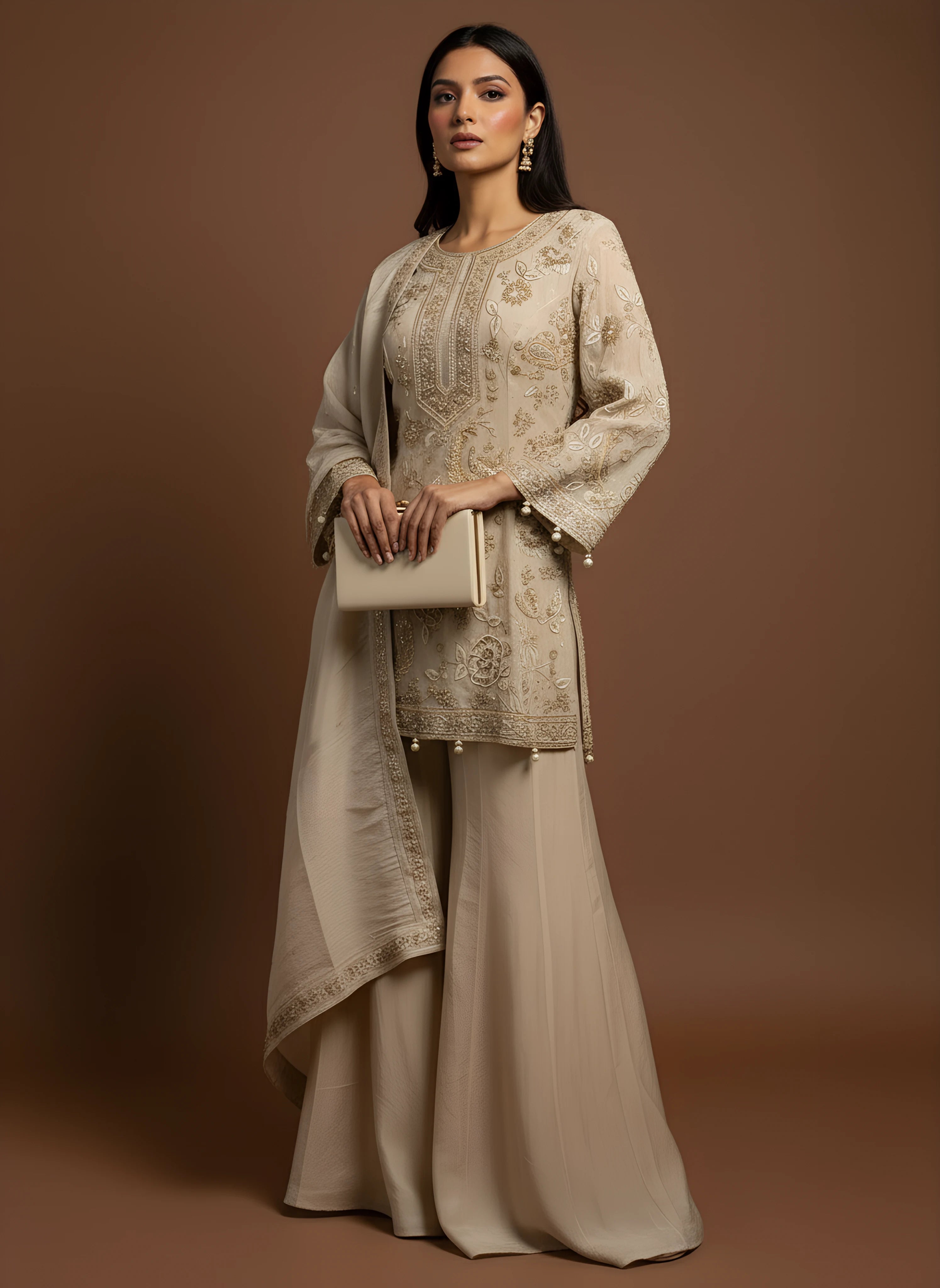 Ivory Designer Embroidered Top With Sharara