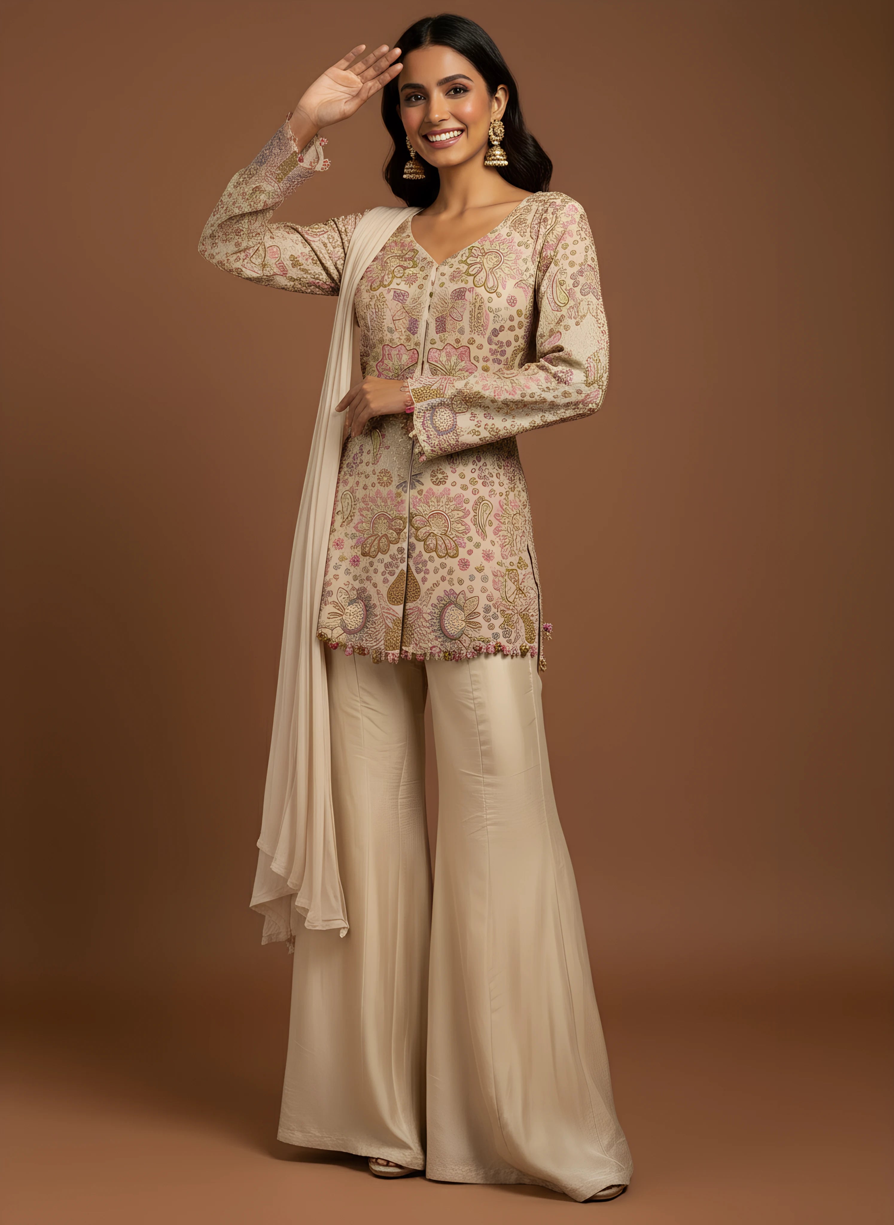 Ivory Festive Embroidered Top With Sharara