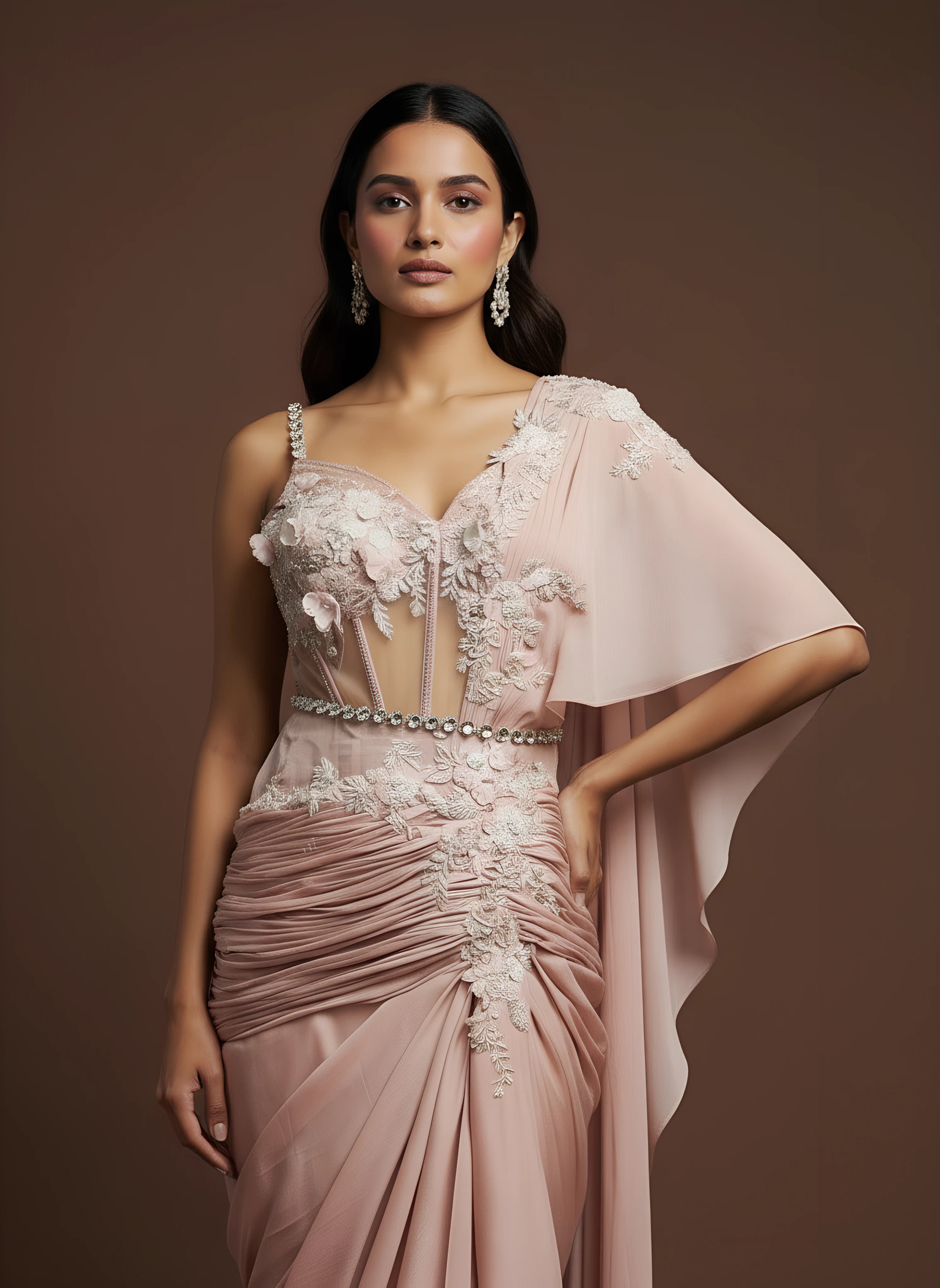 Light Peach Embroidered Cocktail Drape Gown