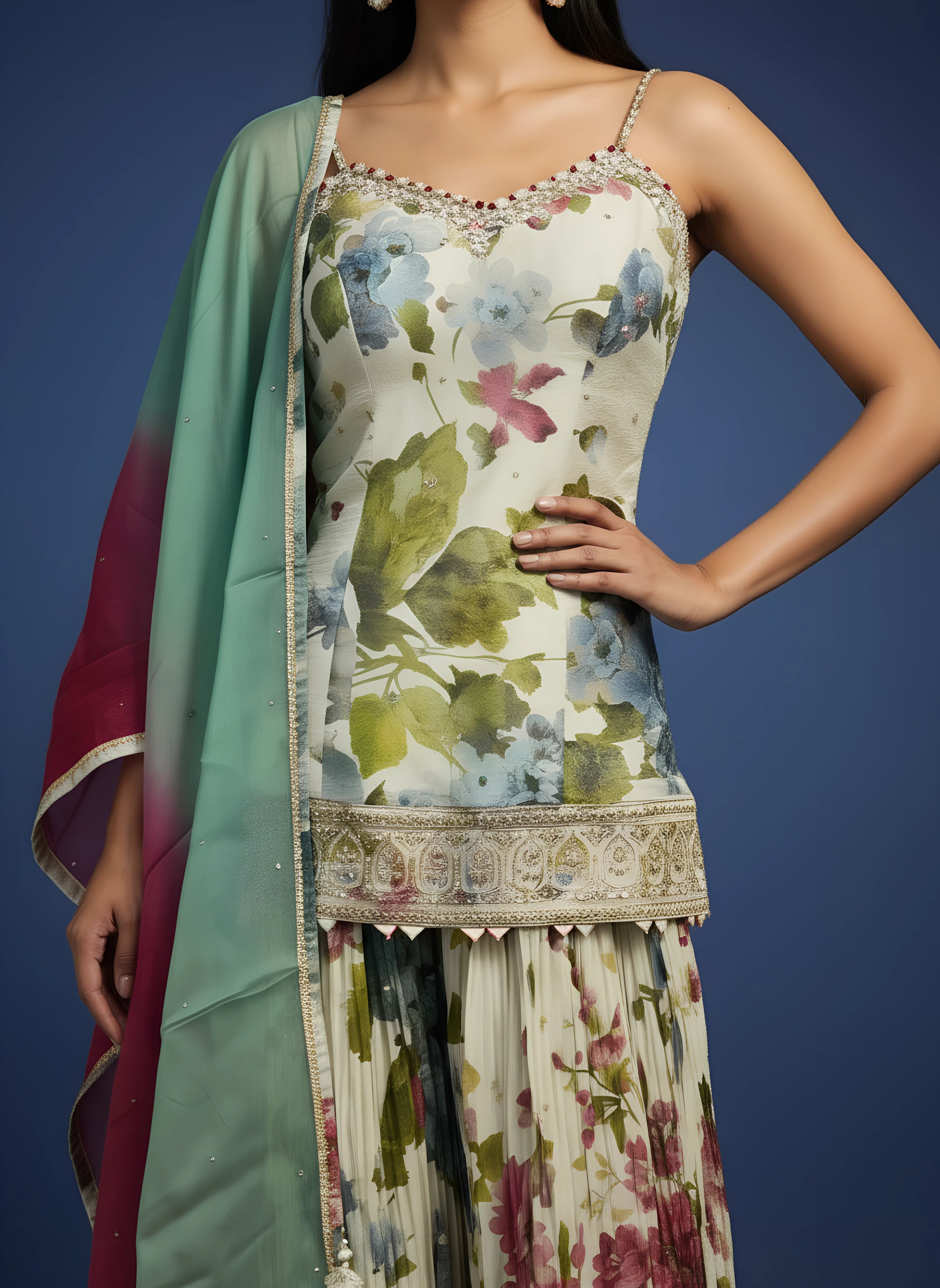 Ivory Designer Digital Printed Top With Sharara