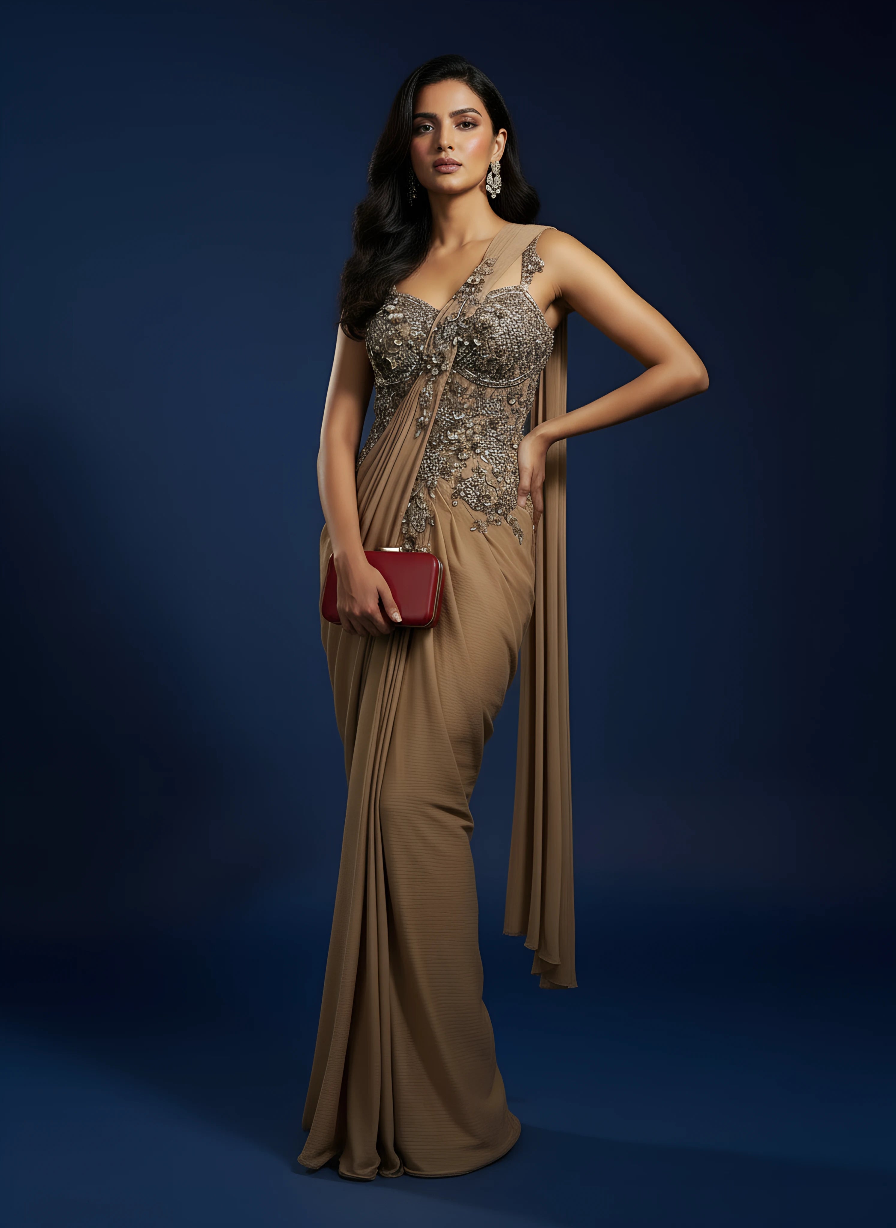 Dark Gold Embroidered Cocktail Drape Gown