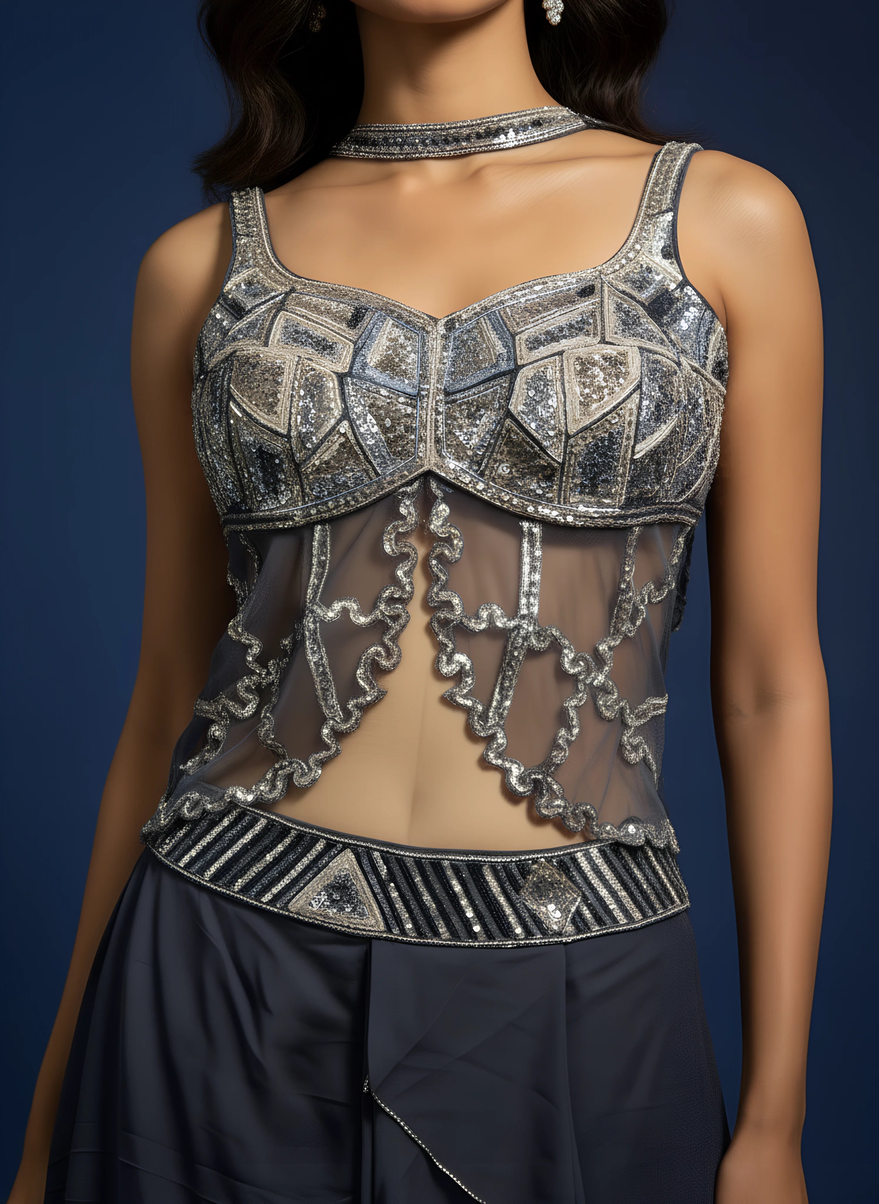 Navy Blue Embroidered Festive Drape Skirt