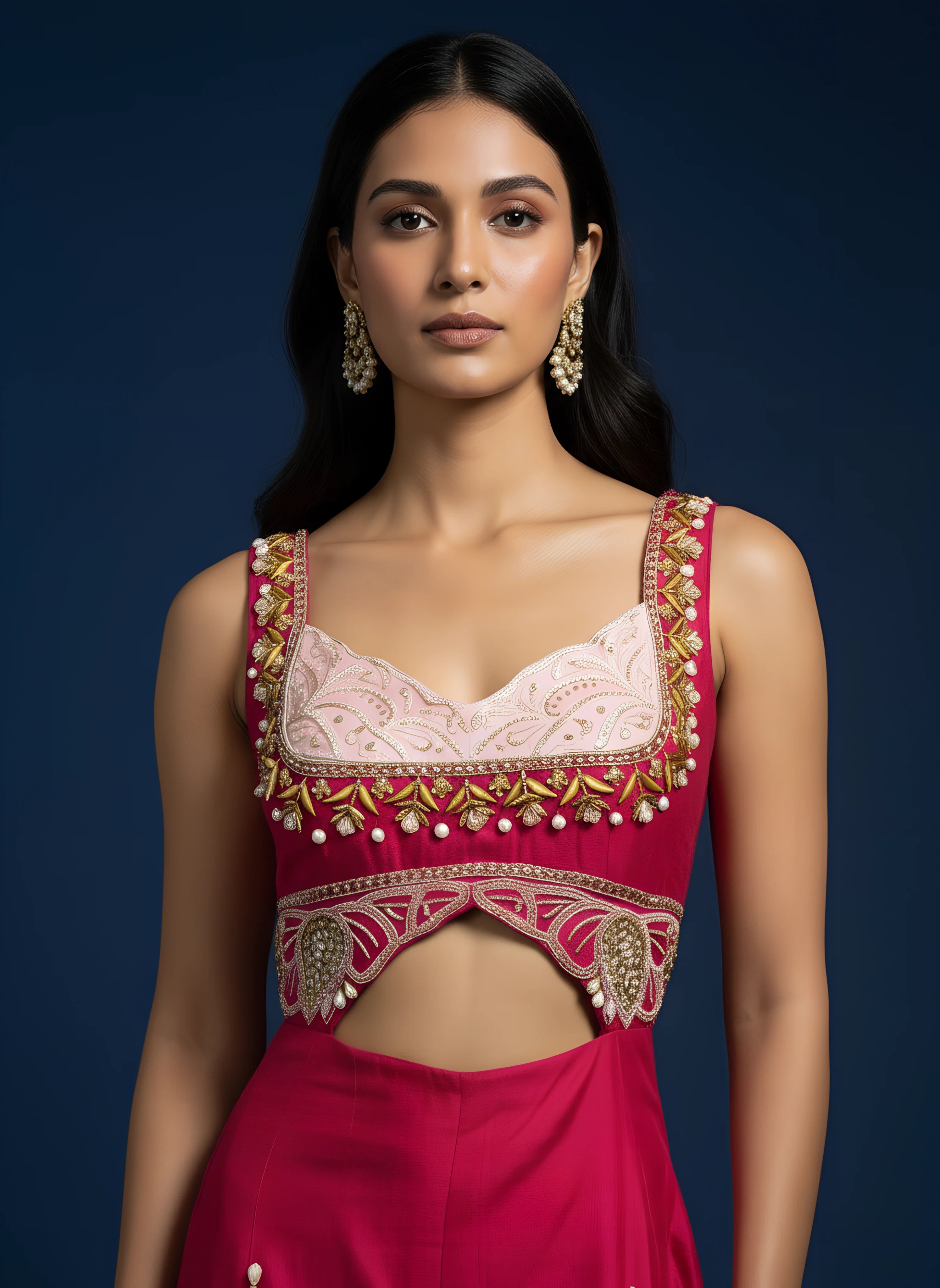 Dark Pink Designer 3D Embroidered Jumpsuit