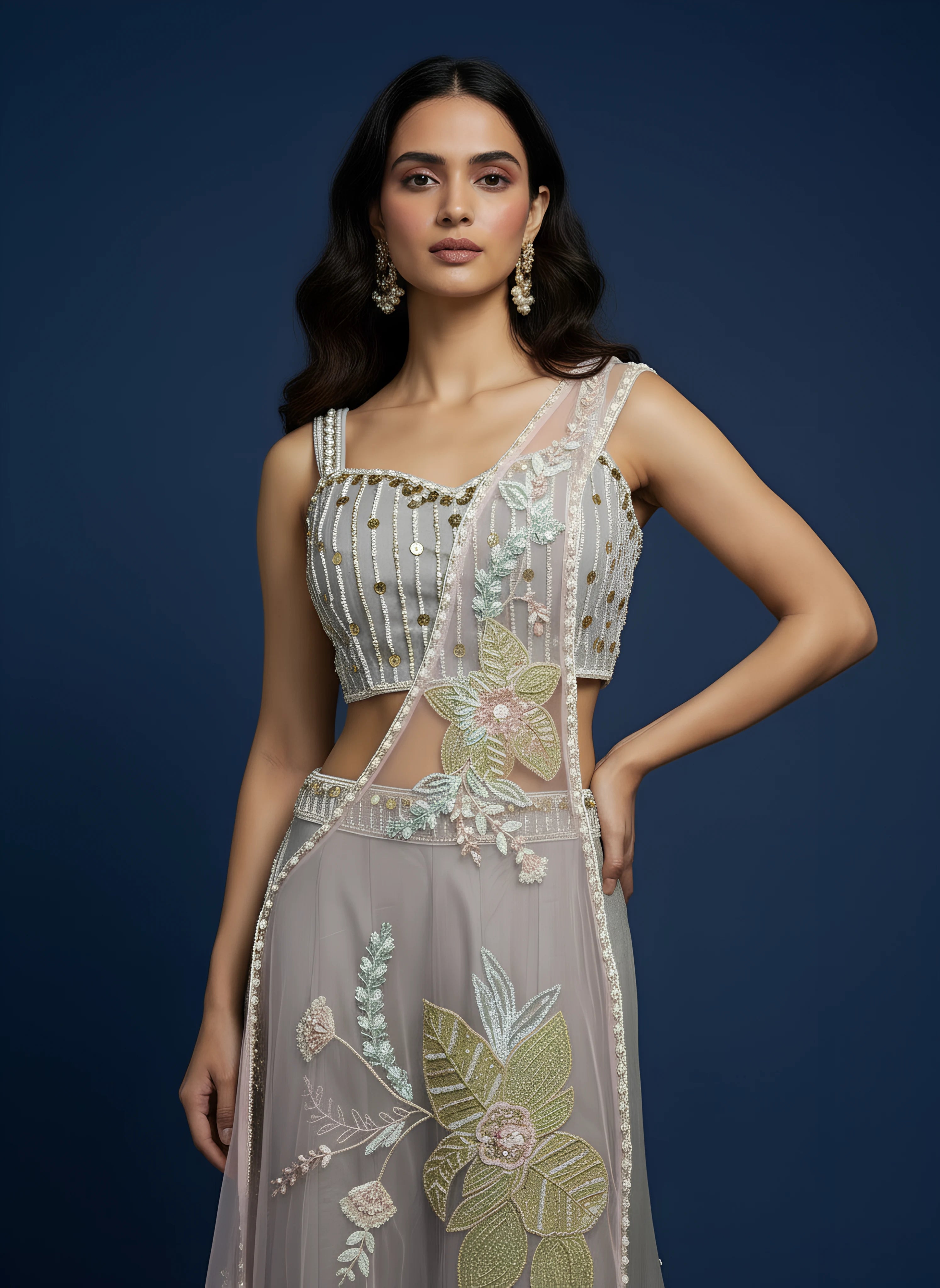 Grey Designer 3D Embroidered Crop With Palazzo & Shrug