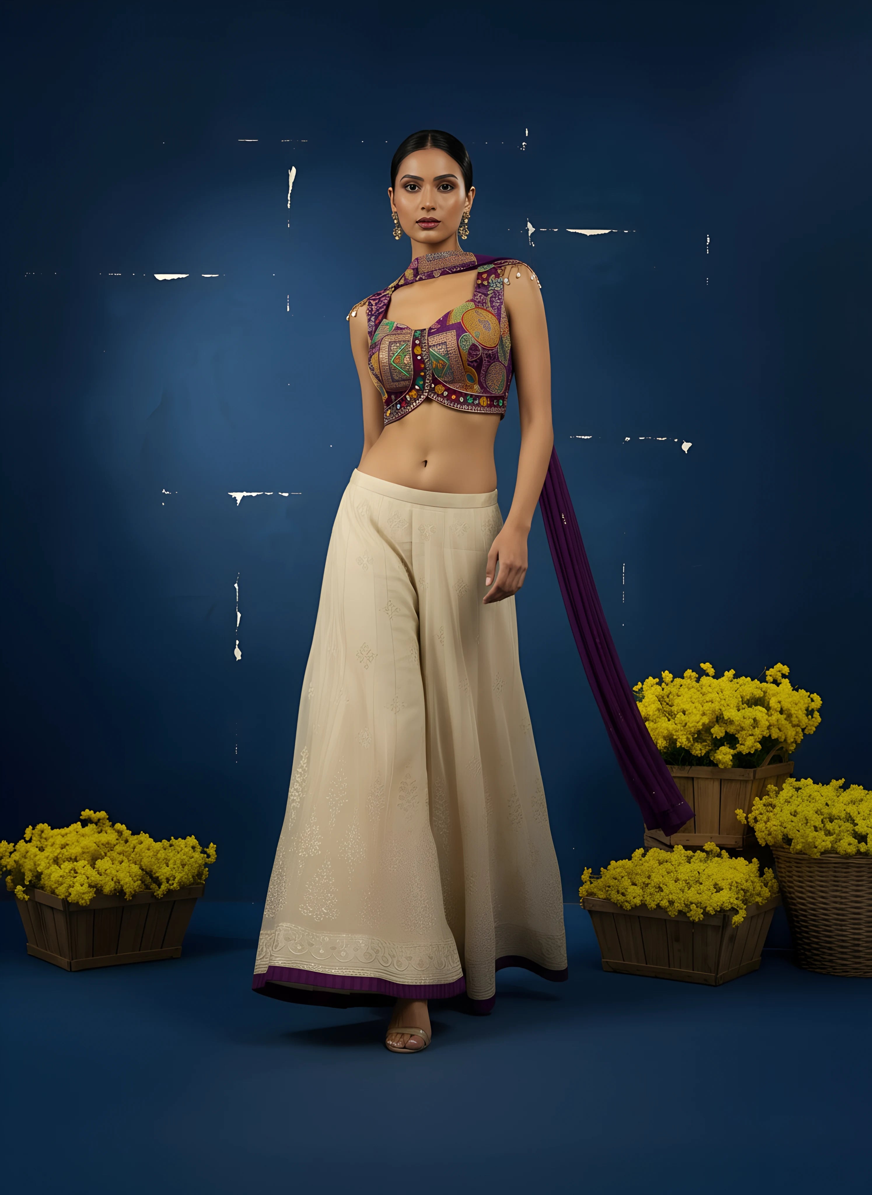 Purple Embroidered Top With Palazzo