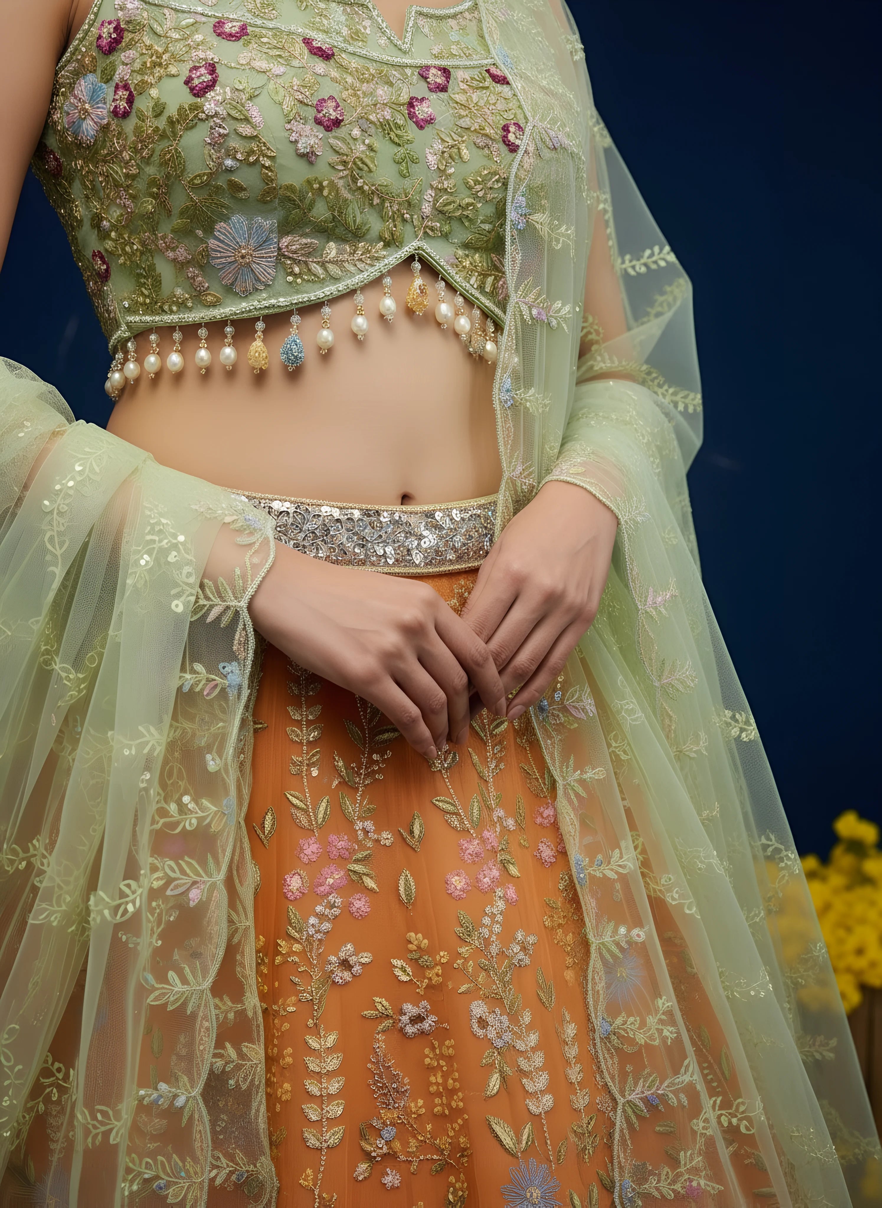 Orange & Green Embroidered Festive Lehenga