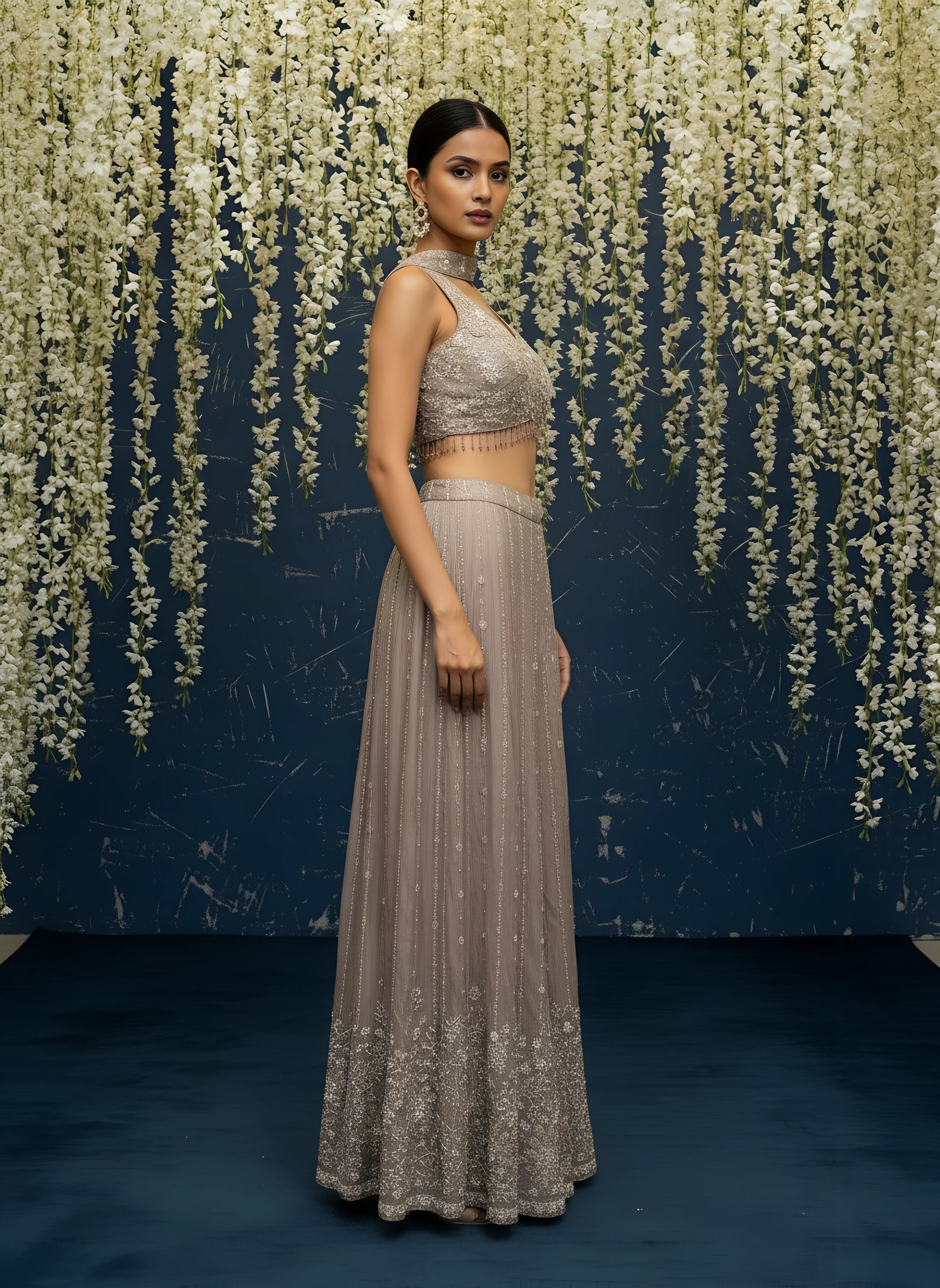 Brown Embroidered Corset Top With Bottom