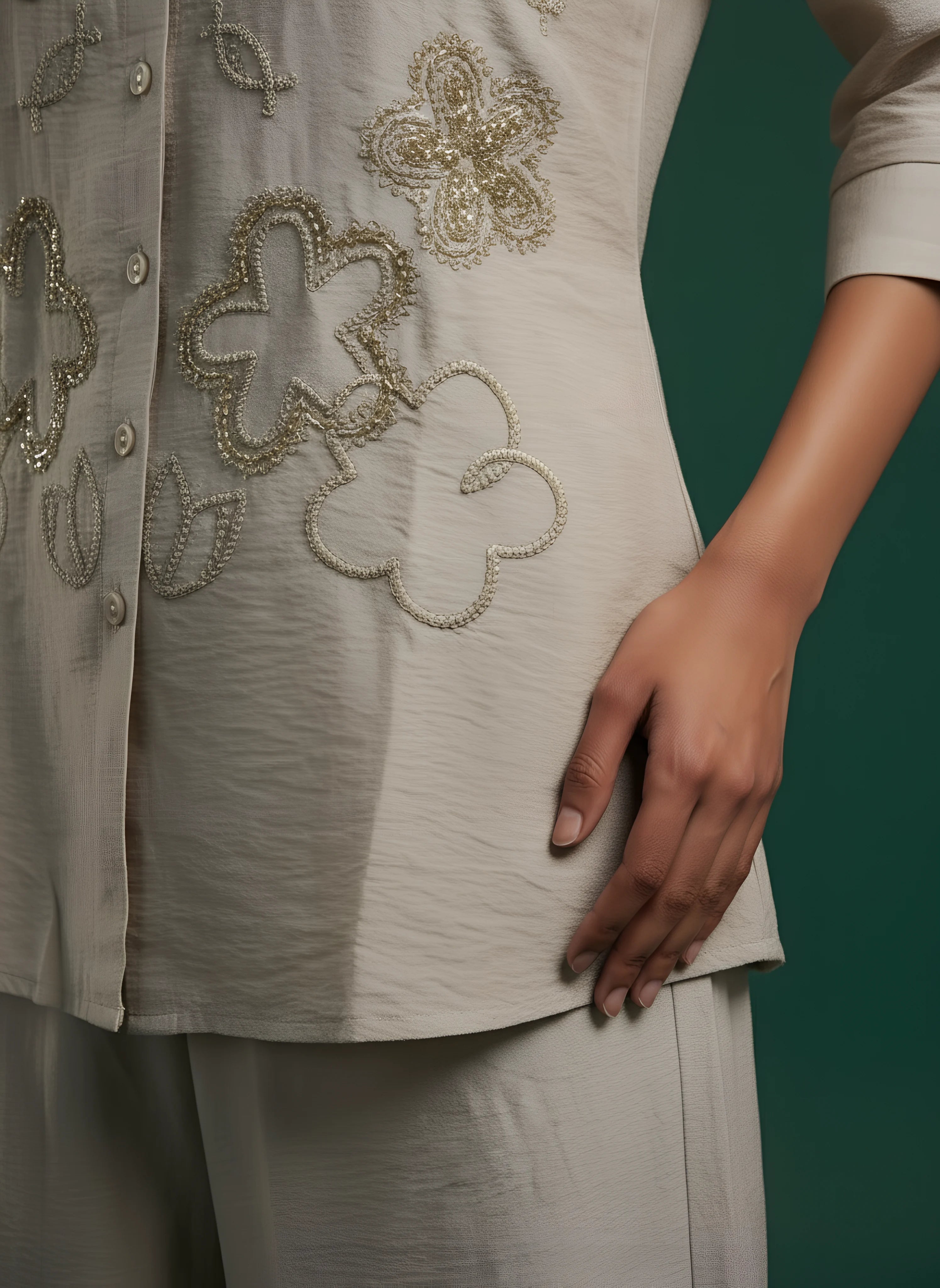 Beige Embroidered Top With Bottom Trouser