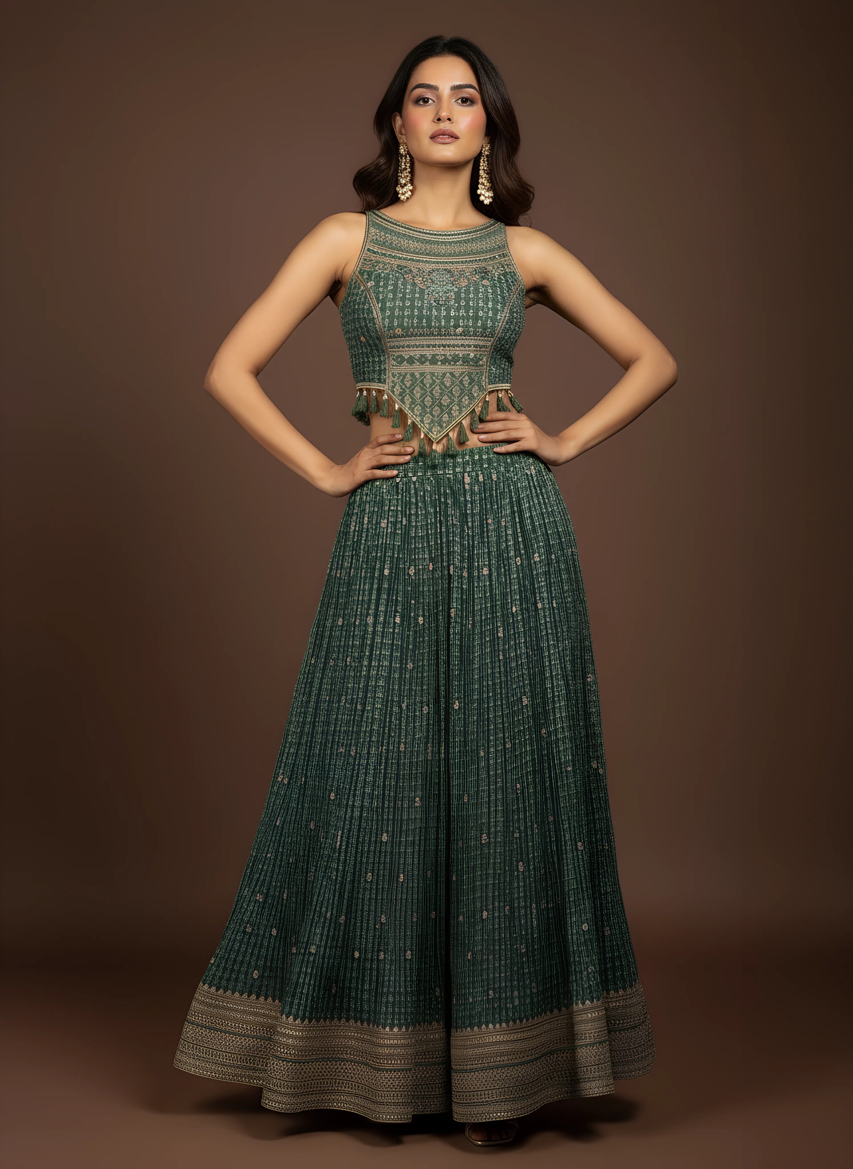 Green Designer Embroidered Top With Printed Sharara