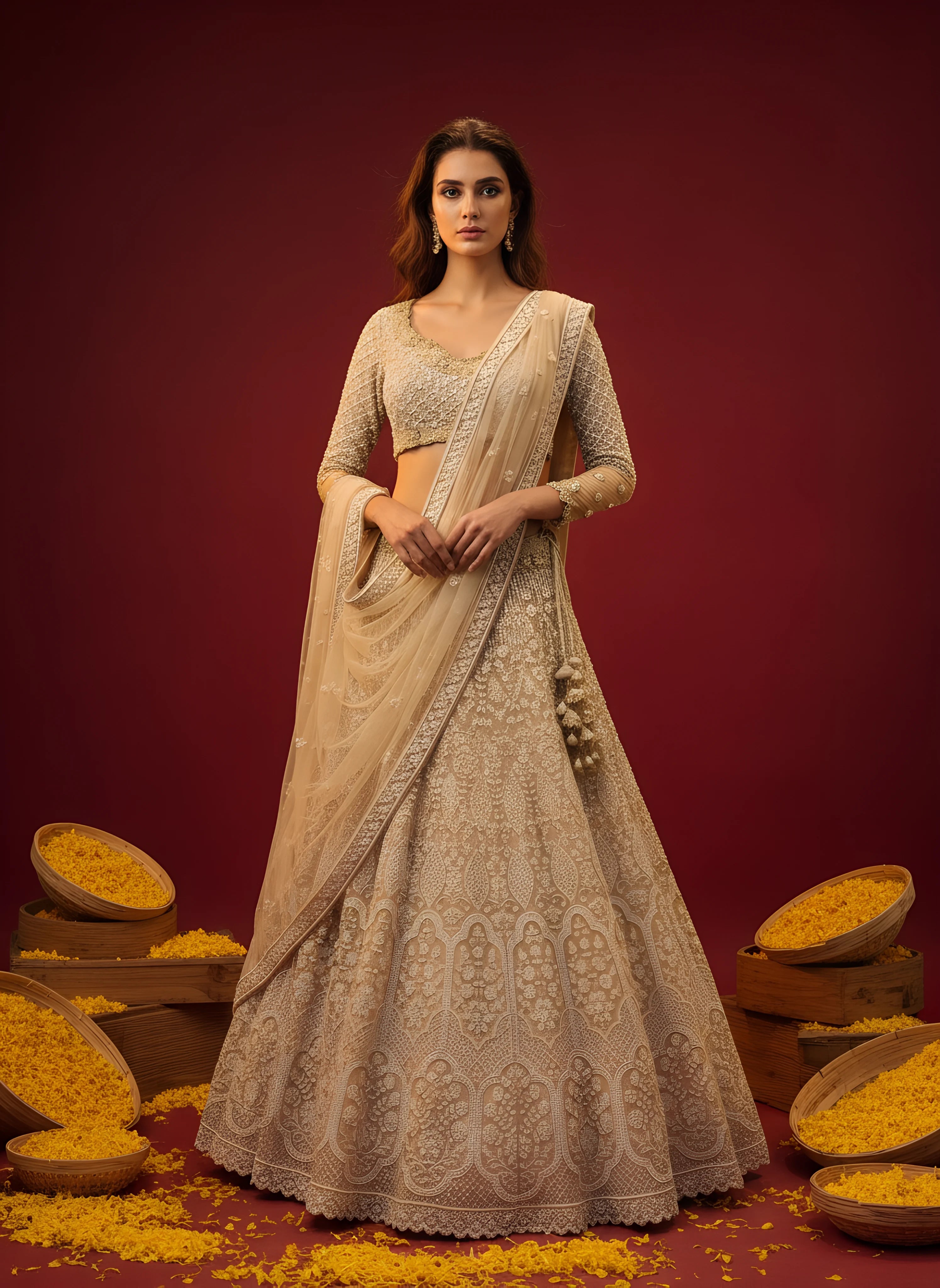 Gold Embroidered Net Designer Lehenga
