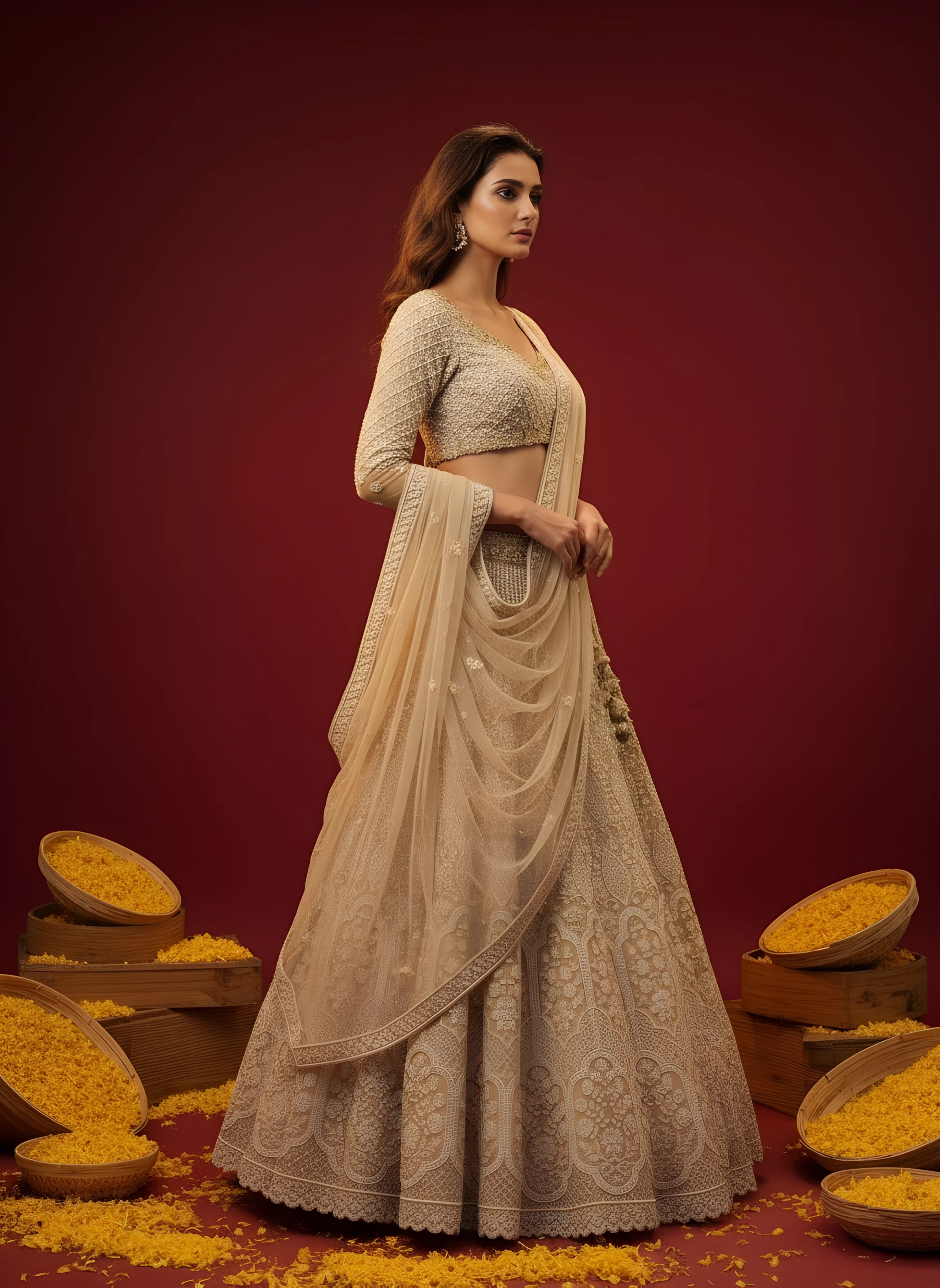 Gold Embroidered Net Designer Lehenga