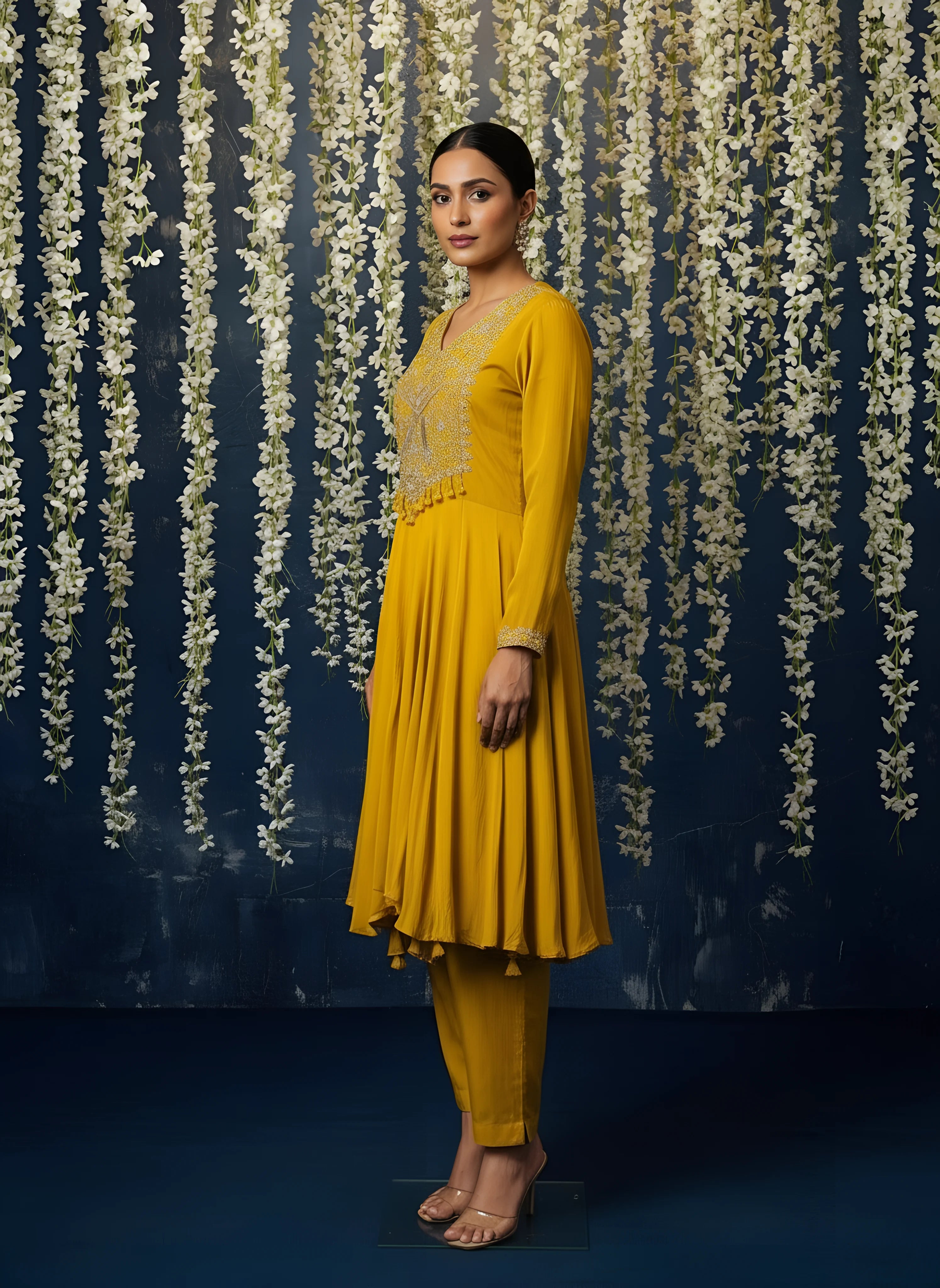 Yellow Embroidered Flared Top With Bottom