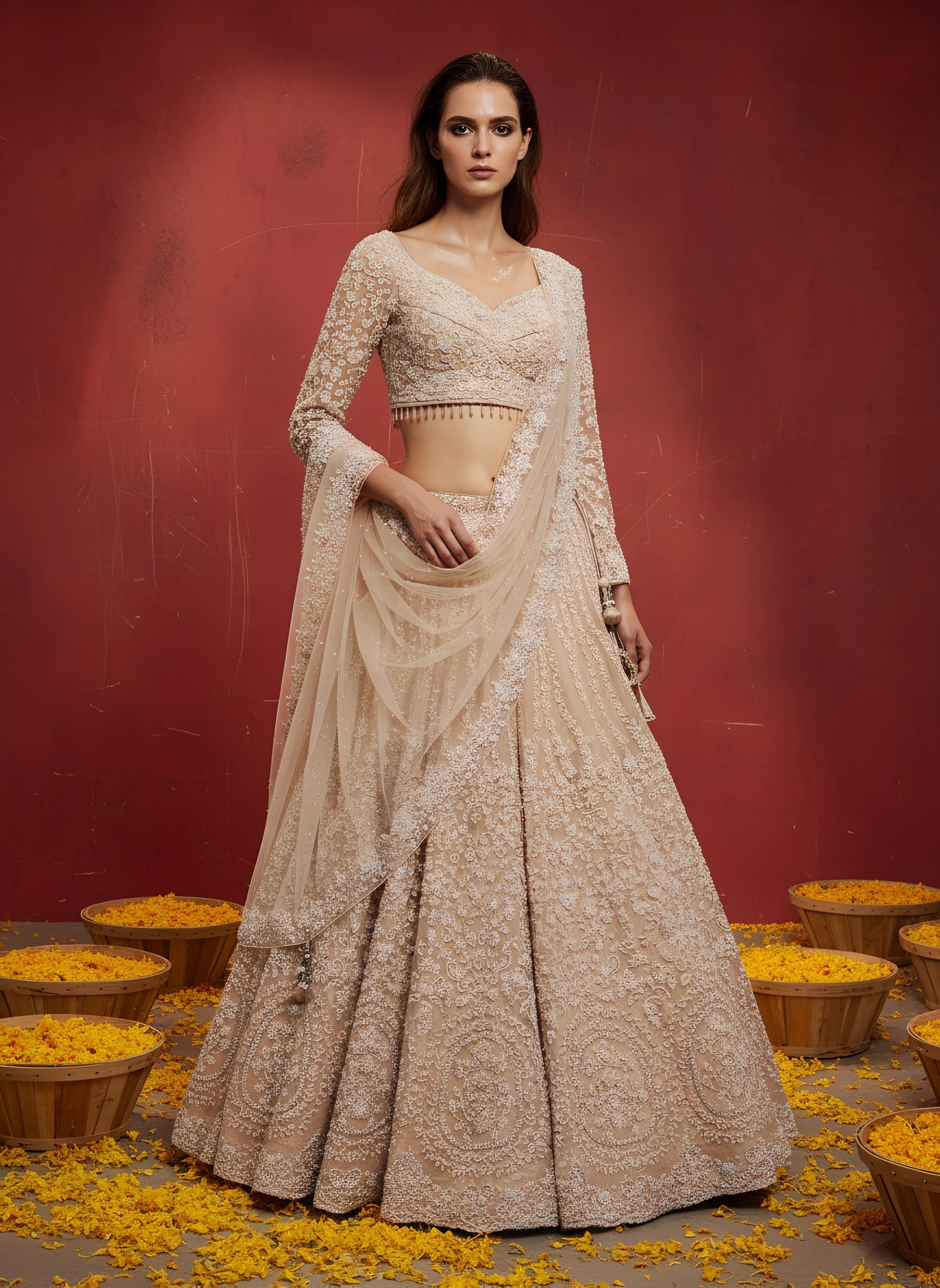 Peach Embroidered Net Designer Lehenga