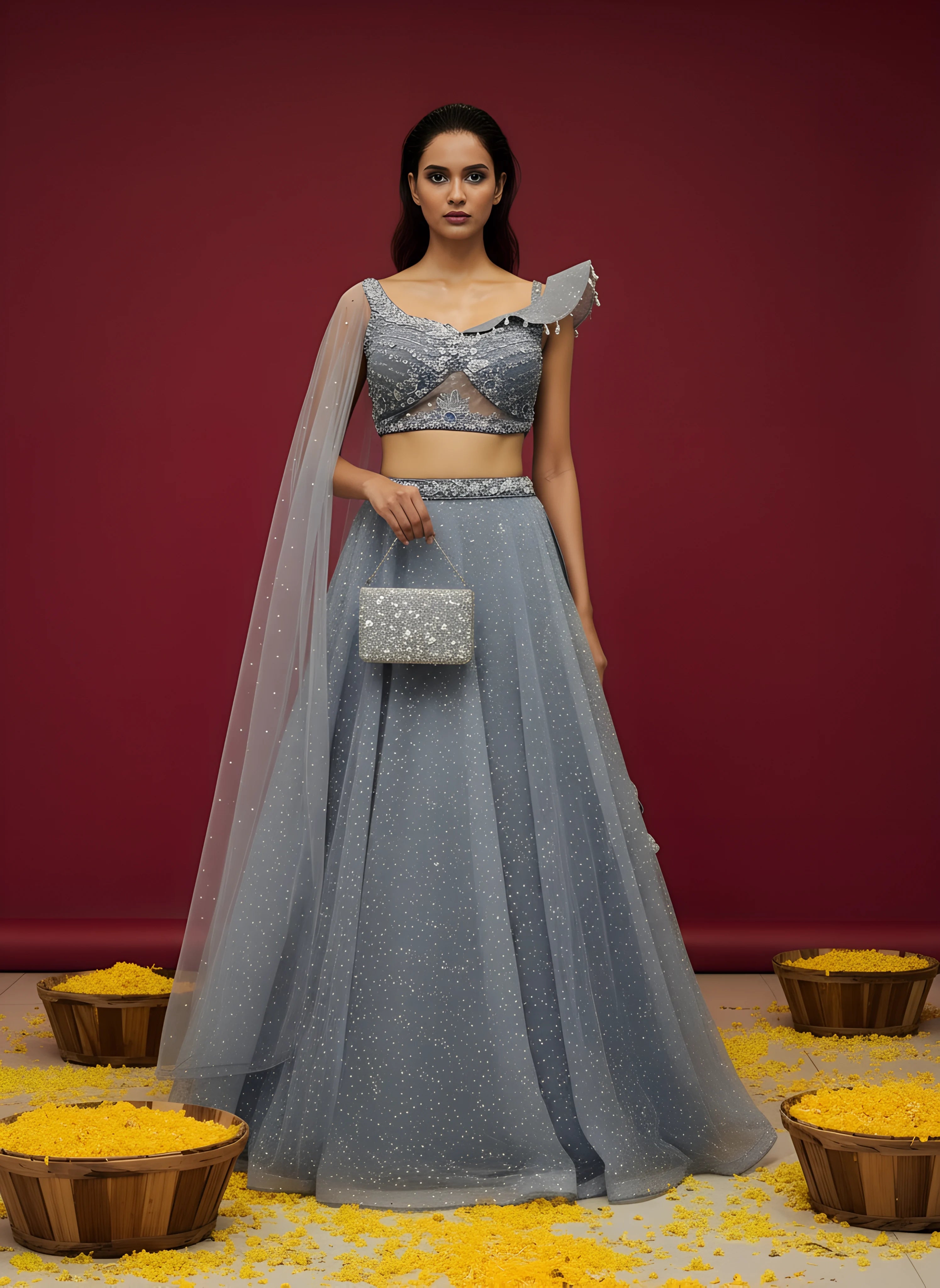 Grey Designer Net Readymade Lehenga