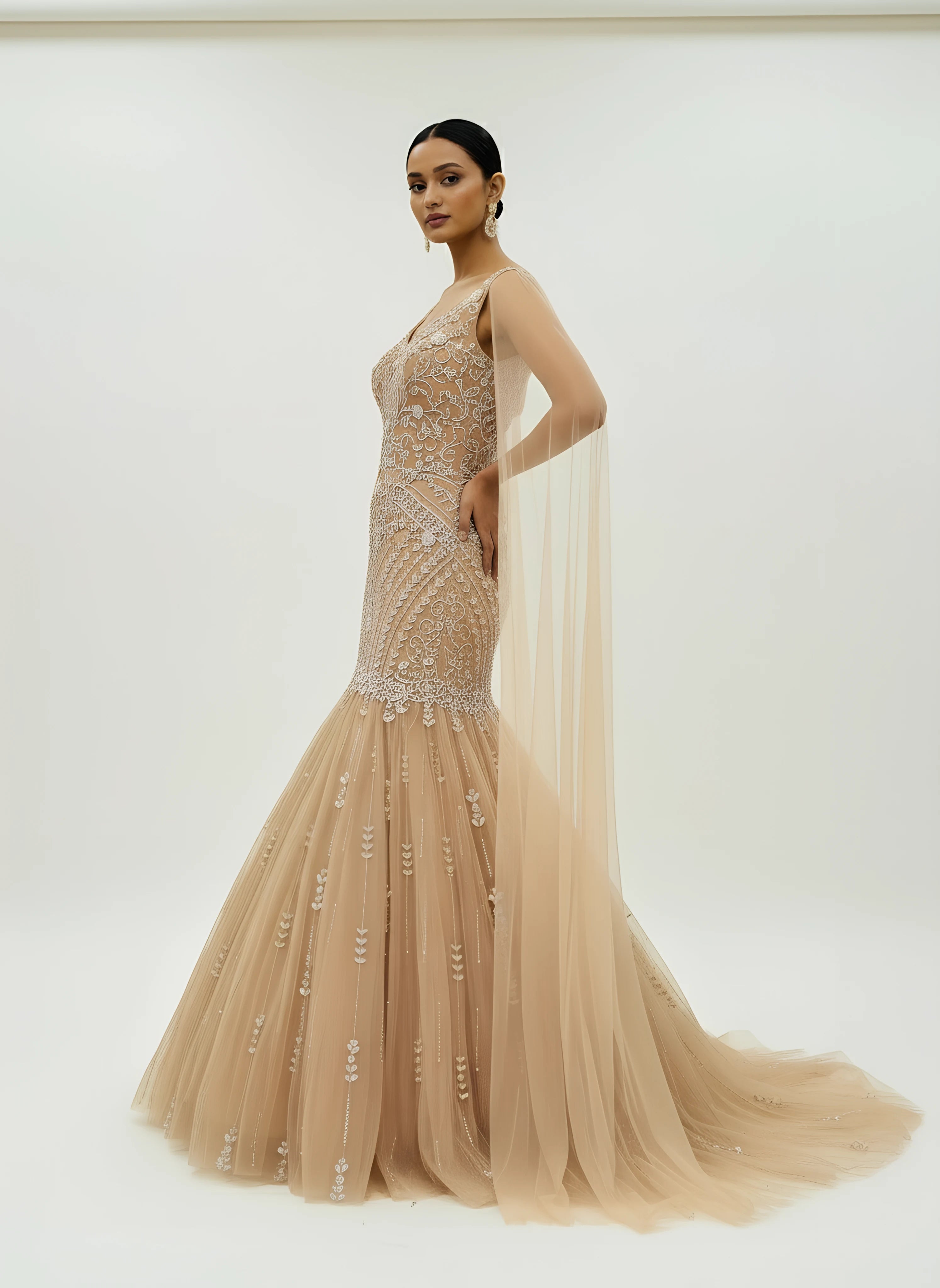 Light Brown Net Sequins Mermaid Style Reception Gown