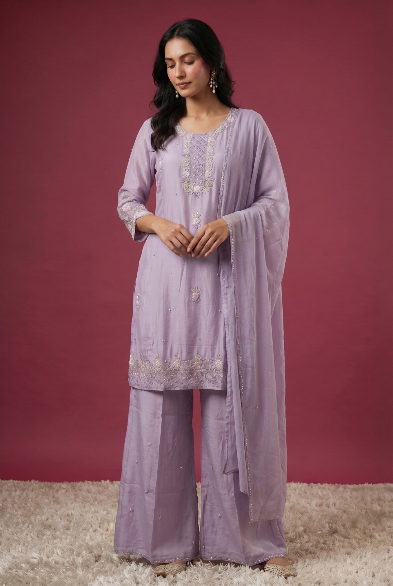 Woman wearing a light purple suit set outfit with a matching dupatta against a red background