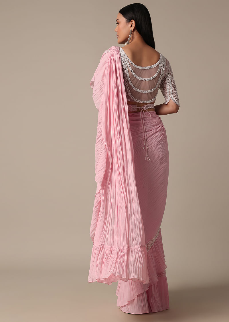 Pink Ready Pleated Frill Saree With Heavy Bead Work Blouse